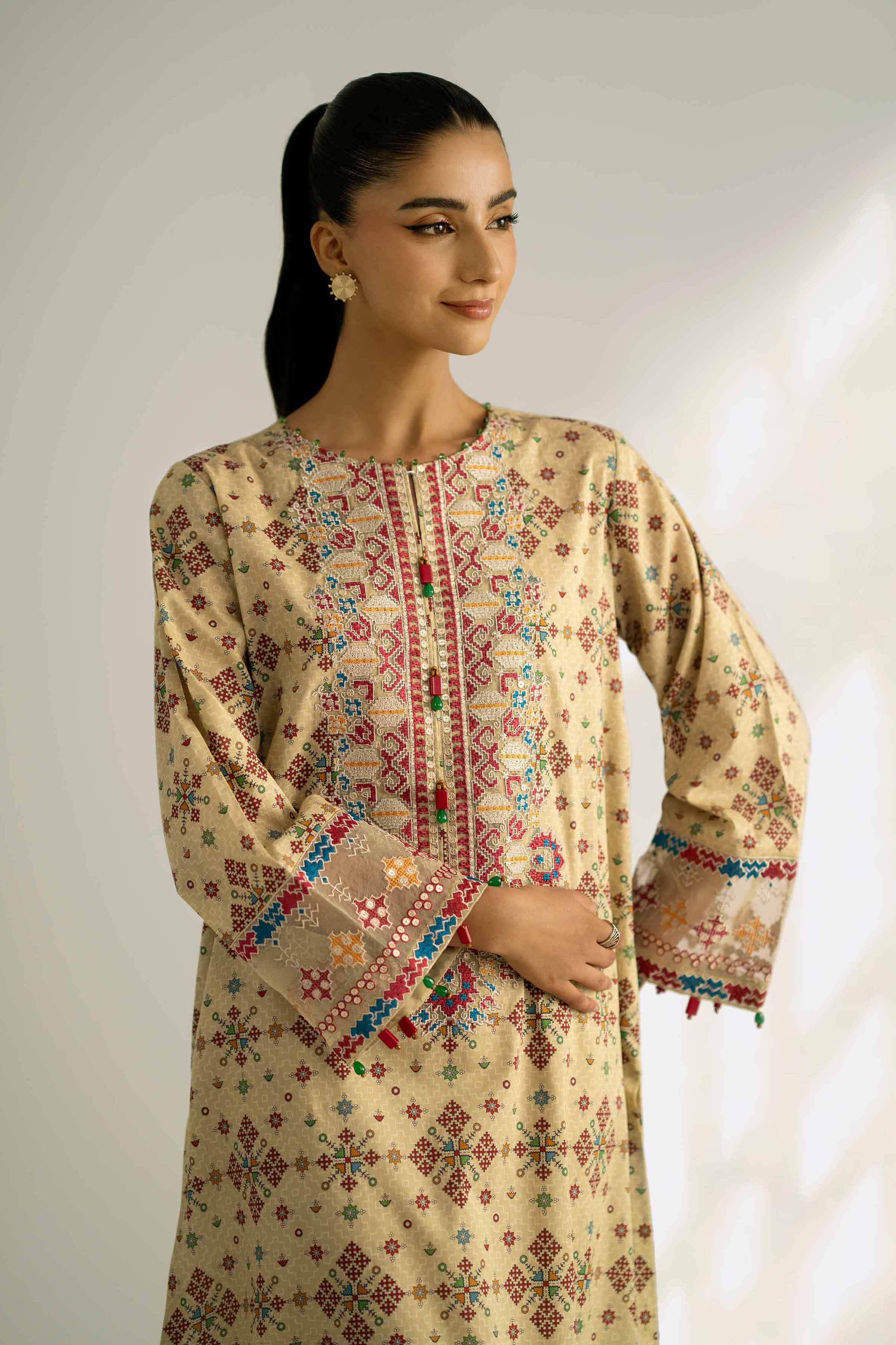 NISHATUAE - Olive Embroidered Cambric 2-piece Unstitched Dress