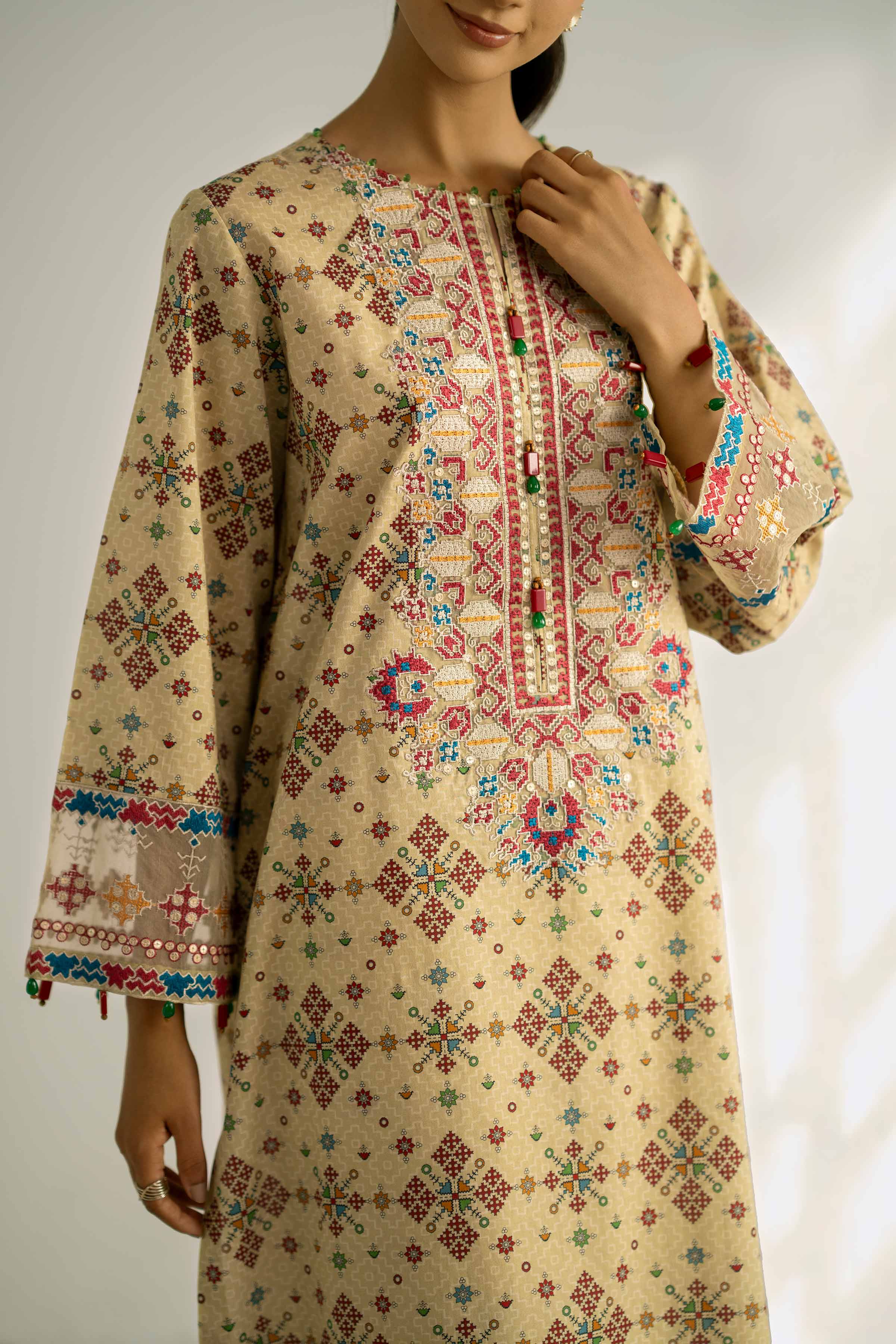 NISHATUAE - Olive Embroidered Cambric 2-piece Unstitched Dress