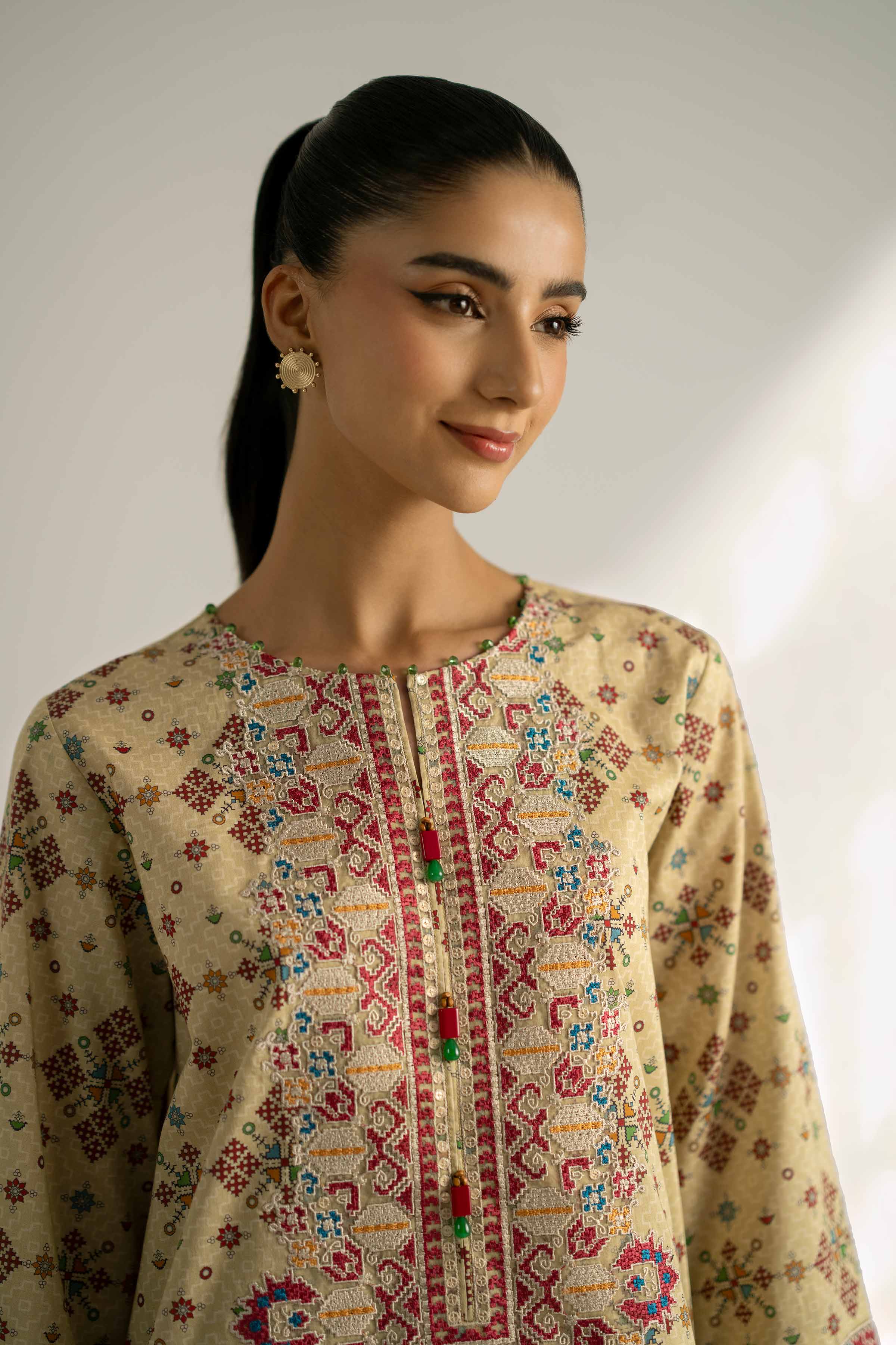 NISHATUAE - Olive Embroidered Cambric 2-piece Unstitched Dress