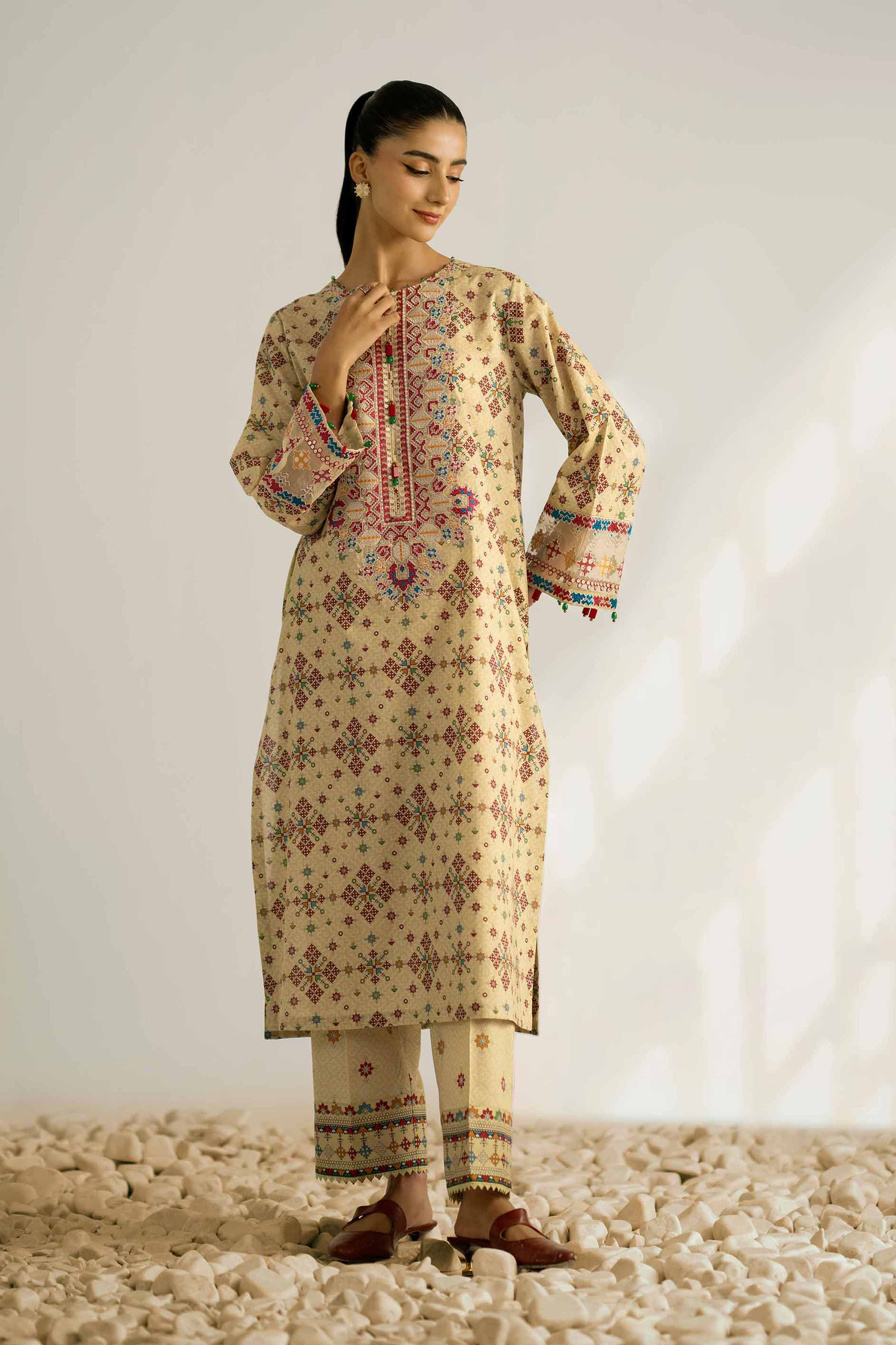 NISHATUAE - Olive Embroidered Cambric 2-piece Unstitched Dress