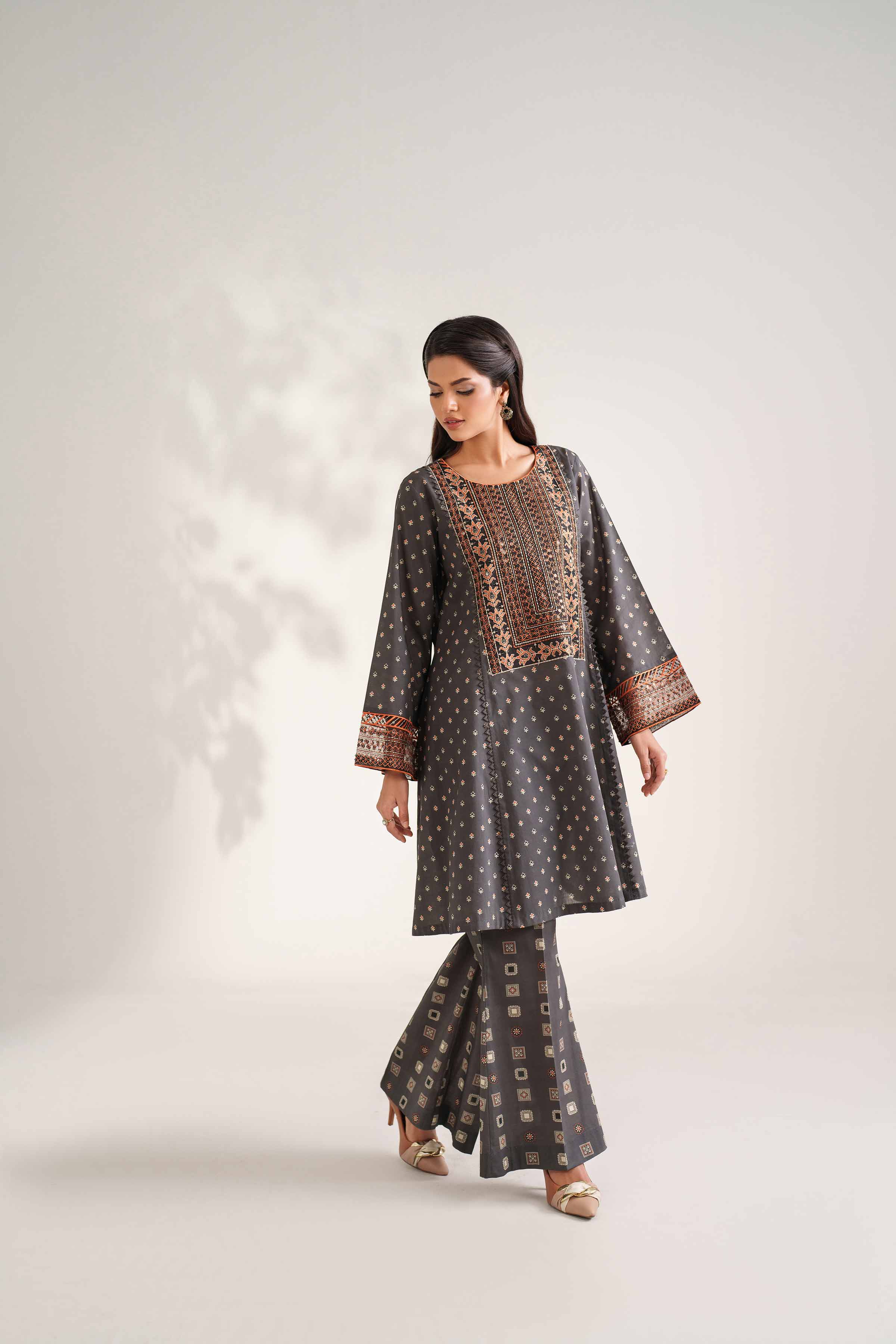 NISHATUAE - Grey Embroidered Cambric 2-piece Unstitched Dress