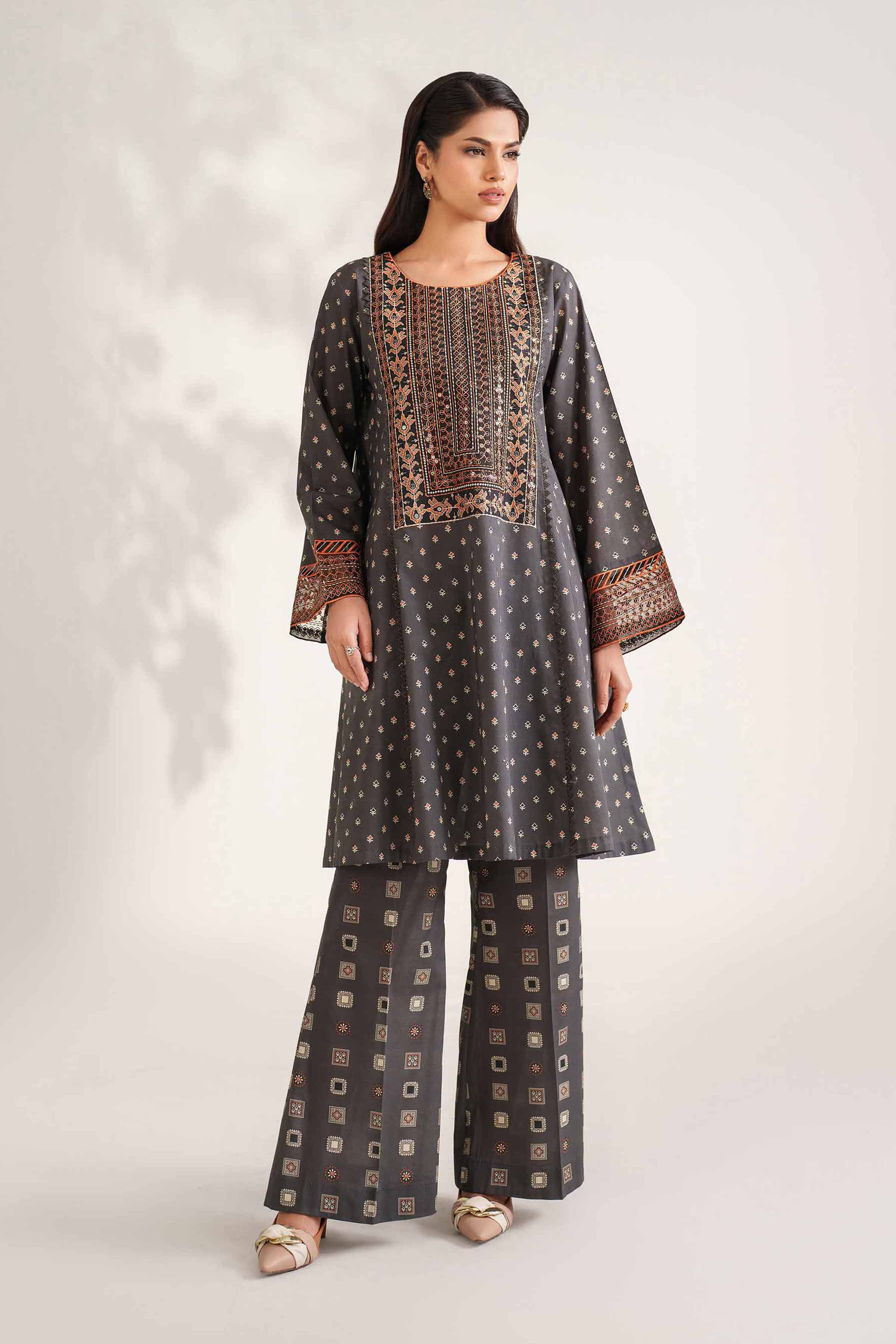 NISHATUAE - Grey Embroidered Cambric 2-piece Unstitched Dress