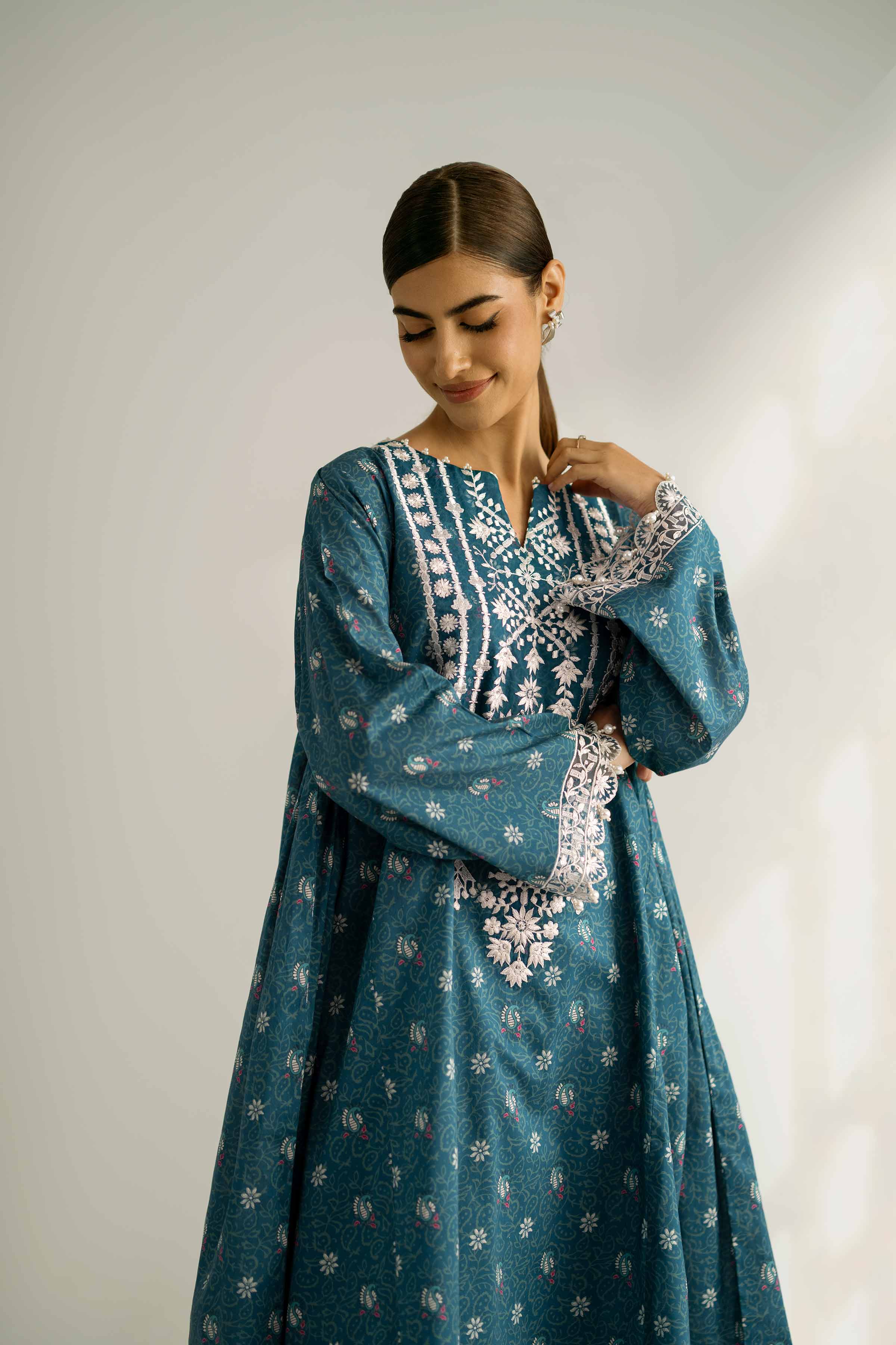 NISHATUAE - Teal Embroidered Cambric 2-piece Unstitched Dress