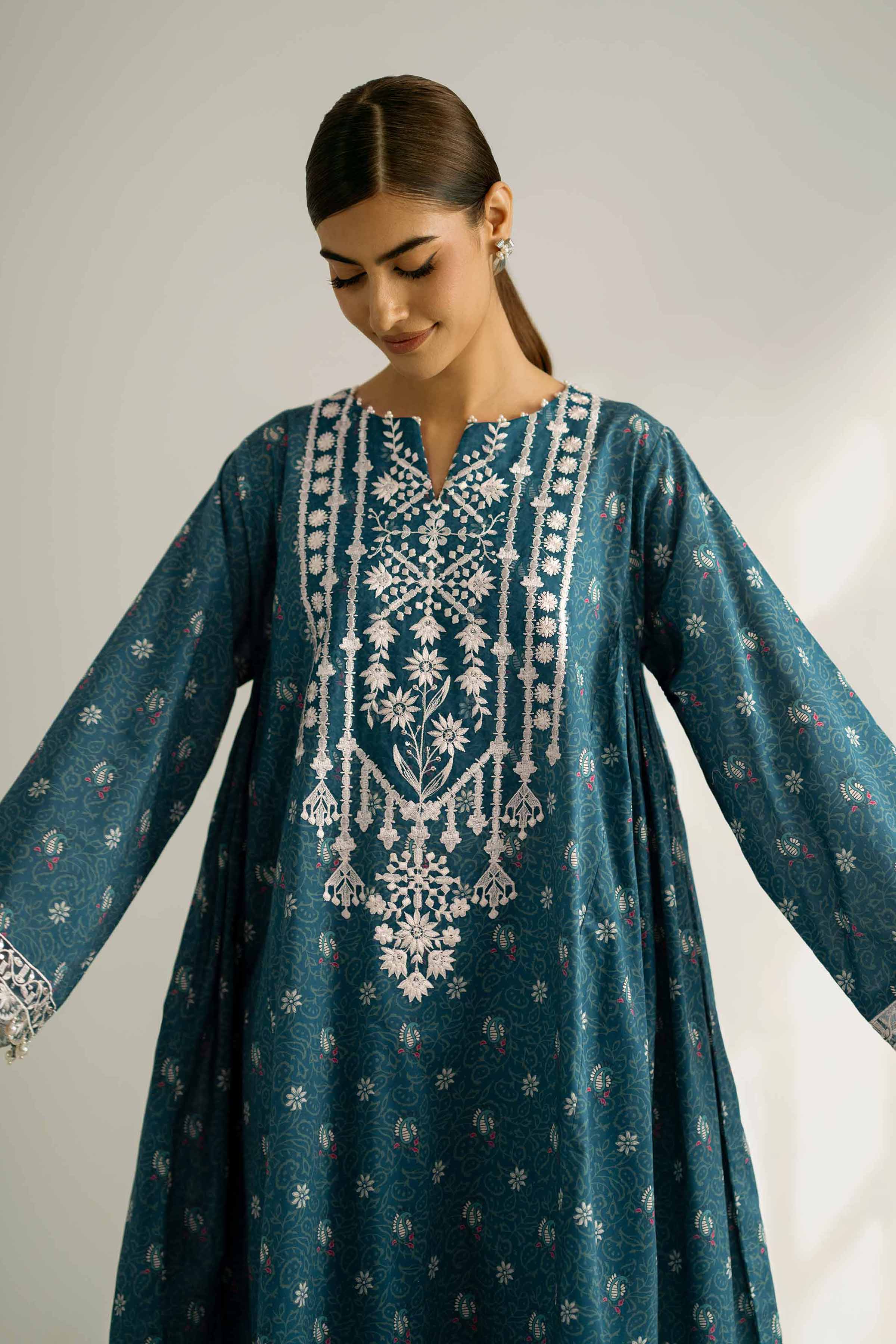 NISHATUAE - Teal Embroidered Cambric 2-piece Unstitched Dress