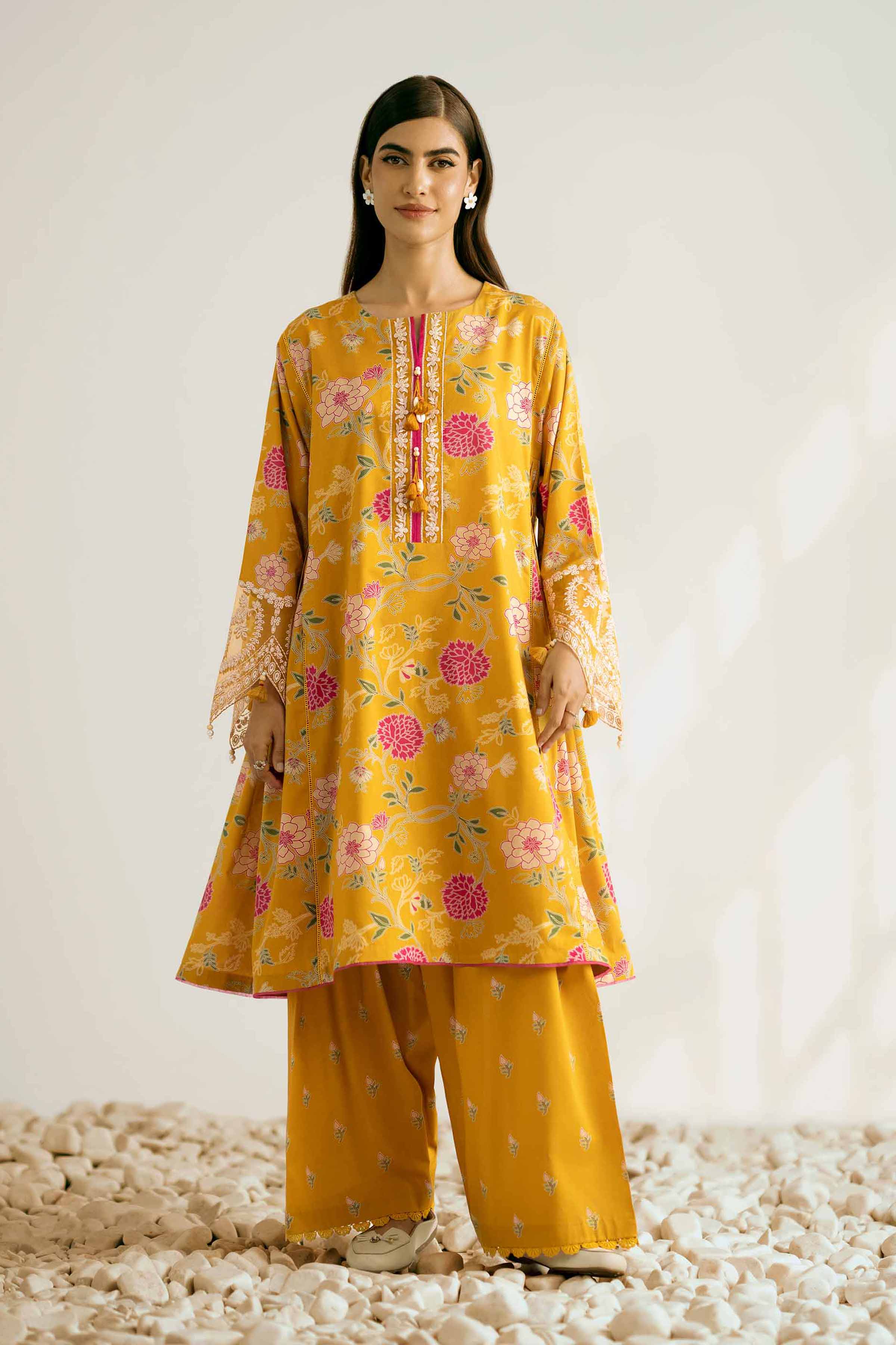 NISHATUAE - Mustard Embroidered Cambric 2-piece Unstitched Dress