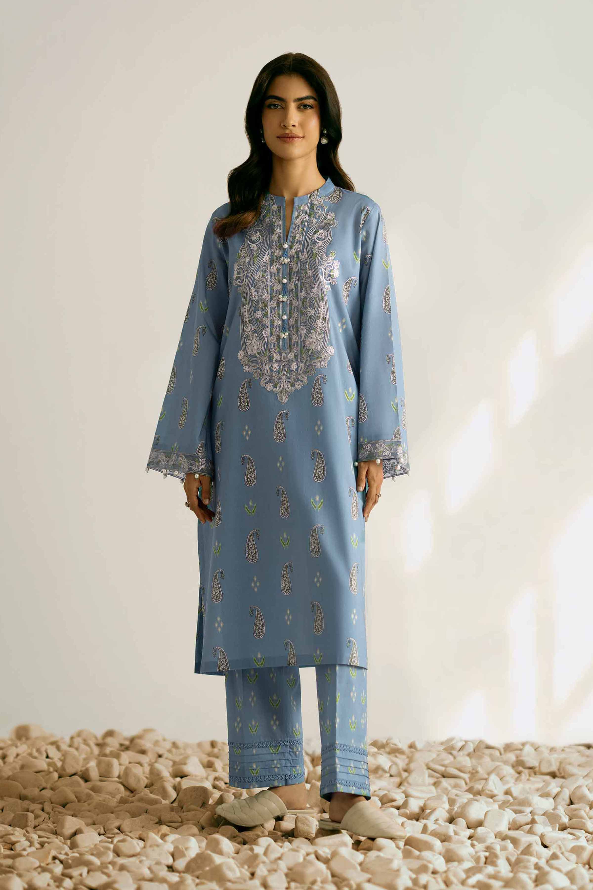 NISHATUAE - Blue Embroidered Cambric 2-piece Unstitched Dress