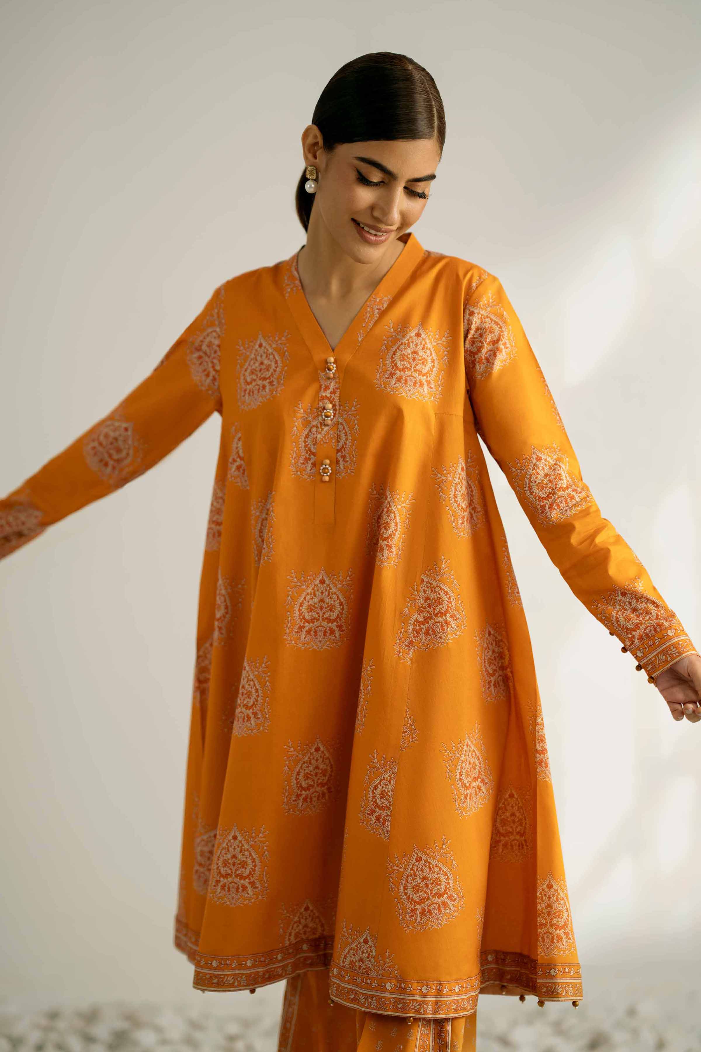 NISHATUAE - Orange Printed Cambric 2-piece Unstitched Dress