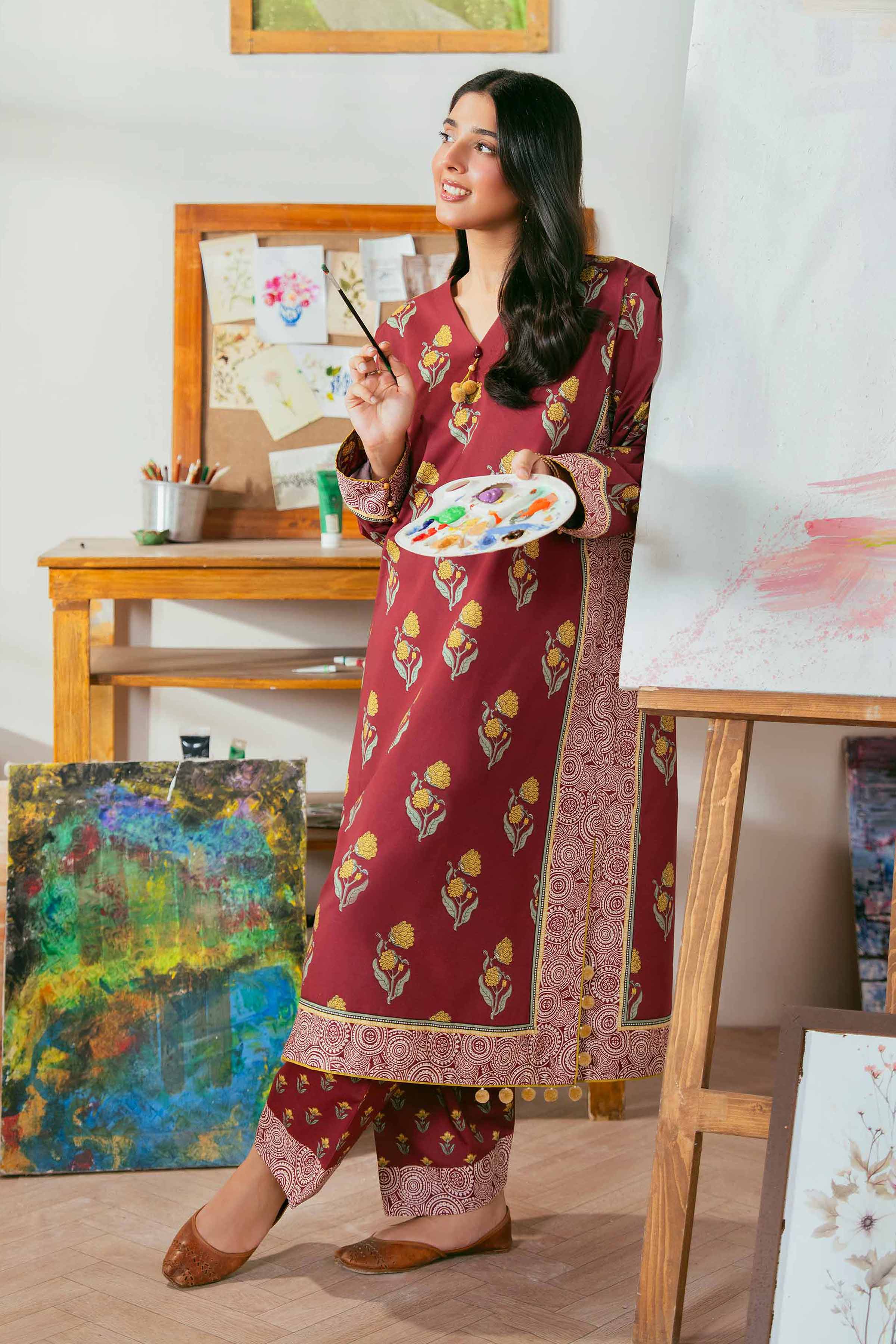 NISHATUAE - Maroon Printed Cambric 2-piece Unstitched Dress