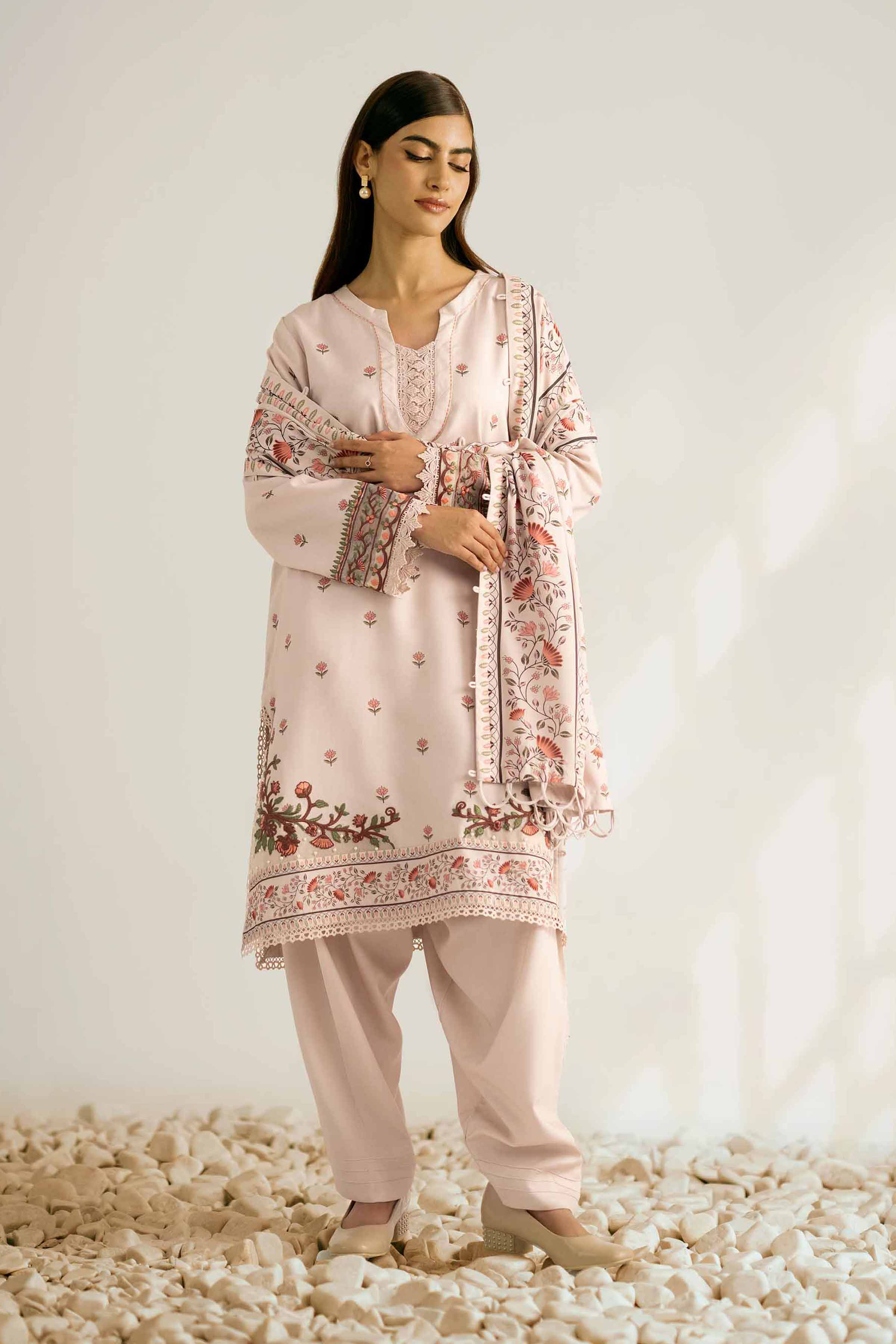 NISHATUAE - Beige Embroidered Linen 3-piece Unstitched Suit