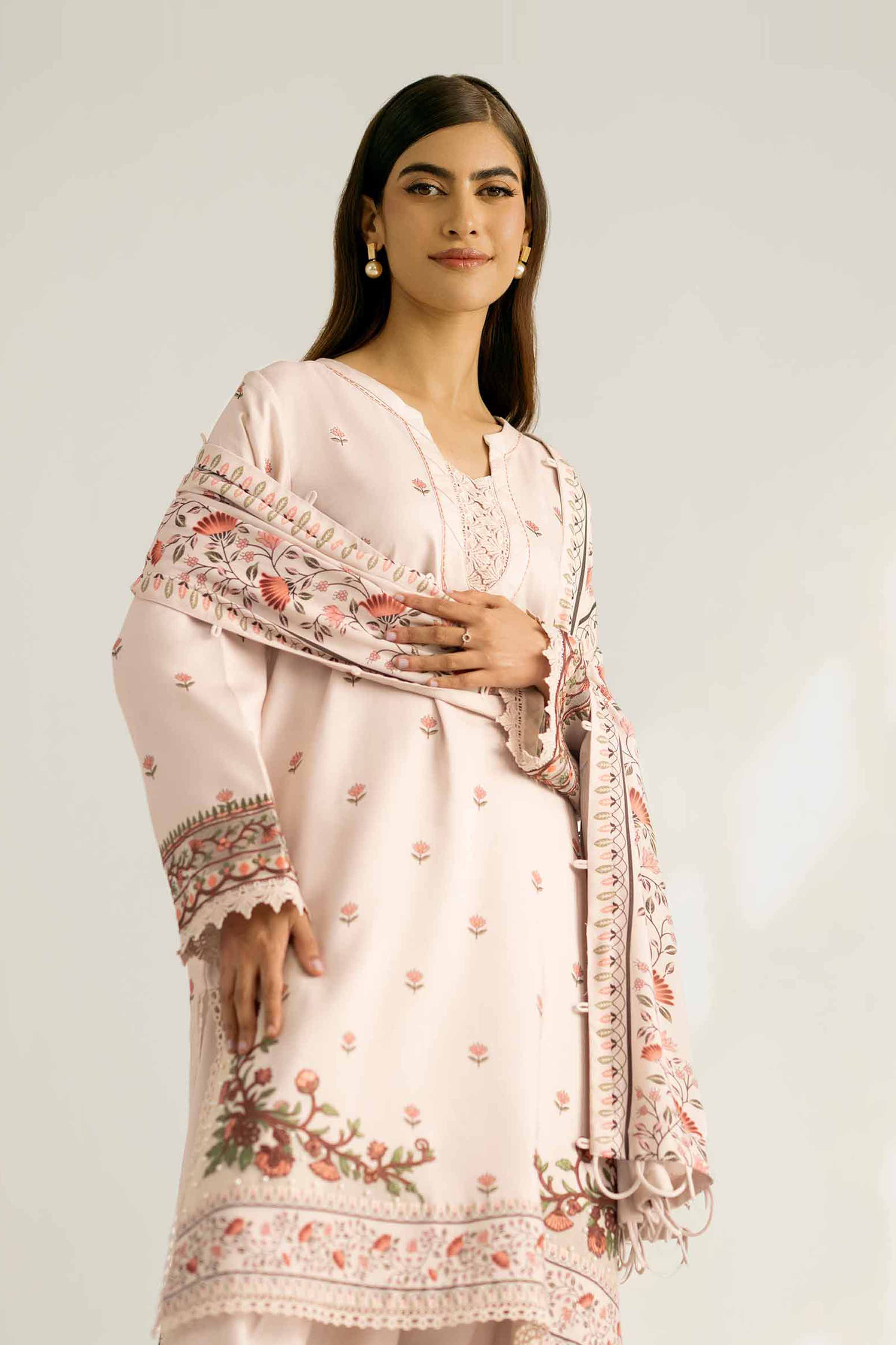 NISHATUAE - Beige Embroidered Linen 3-piece Unstitched Suit