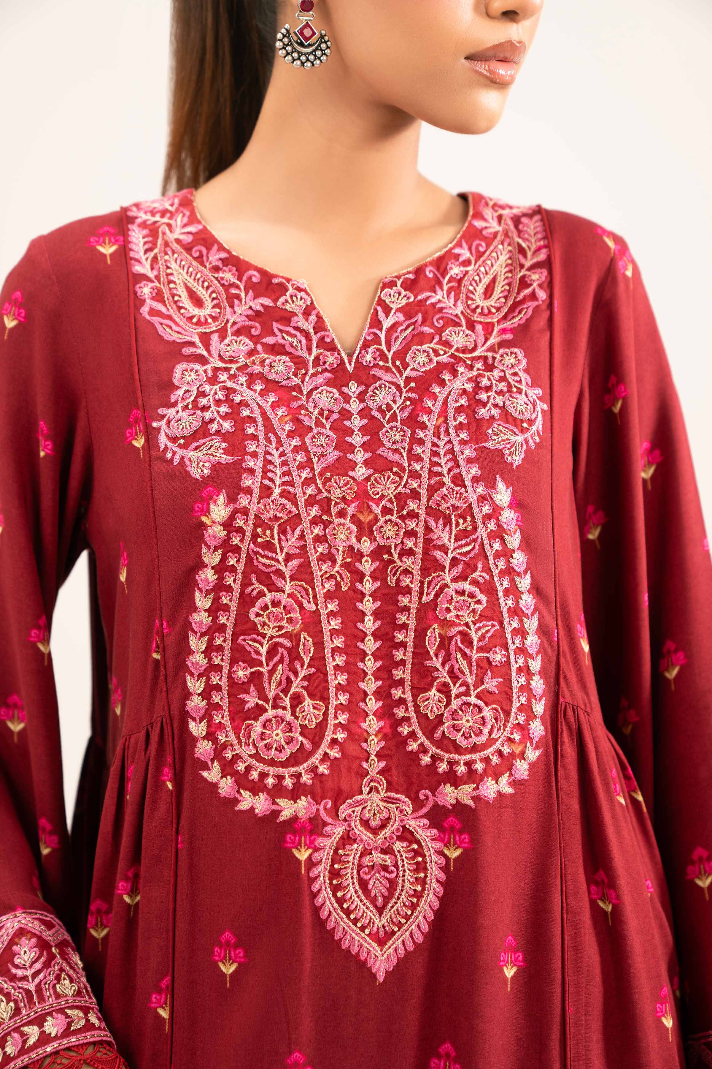 NISHATUAE - Maroon Embroidered Linen 3-piece Unstitched Suit
