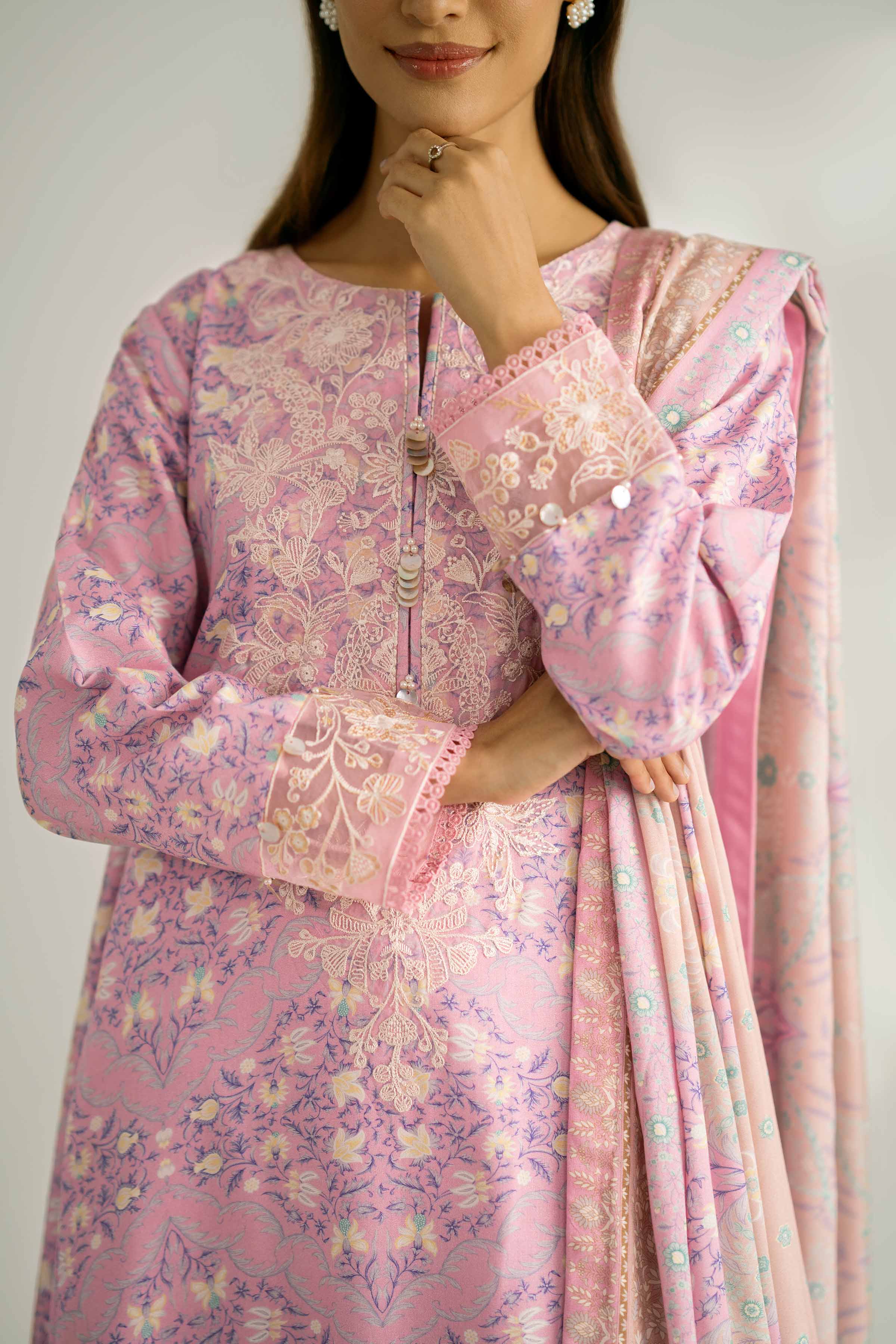 NISHATUAE - Pink Embroidered Linen 3-piece Unstitched Suit