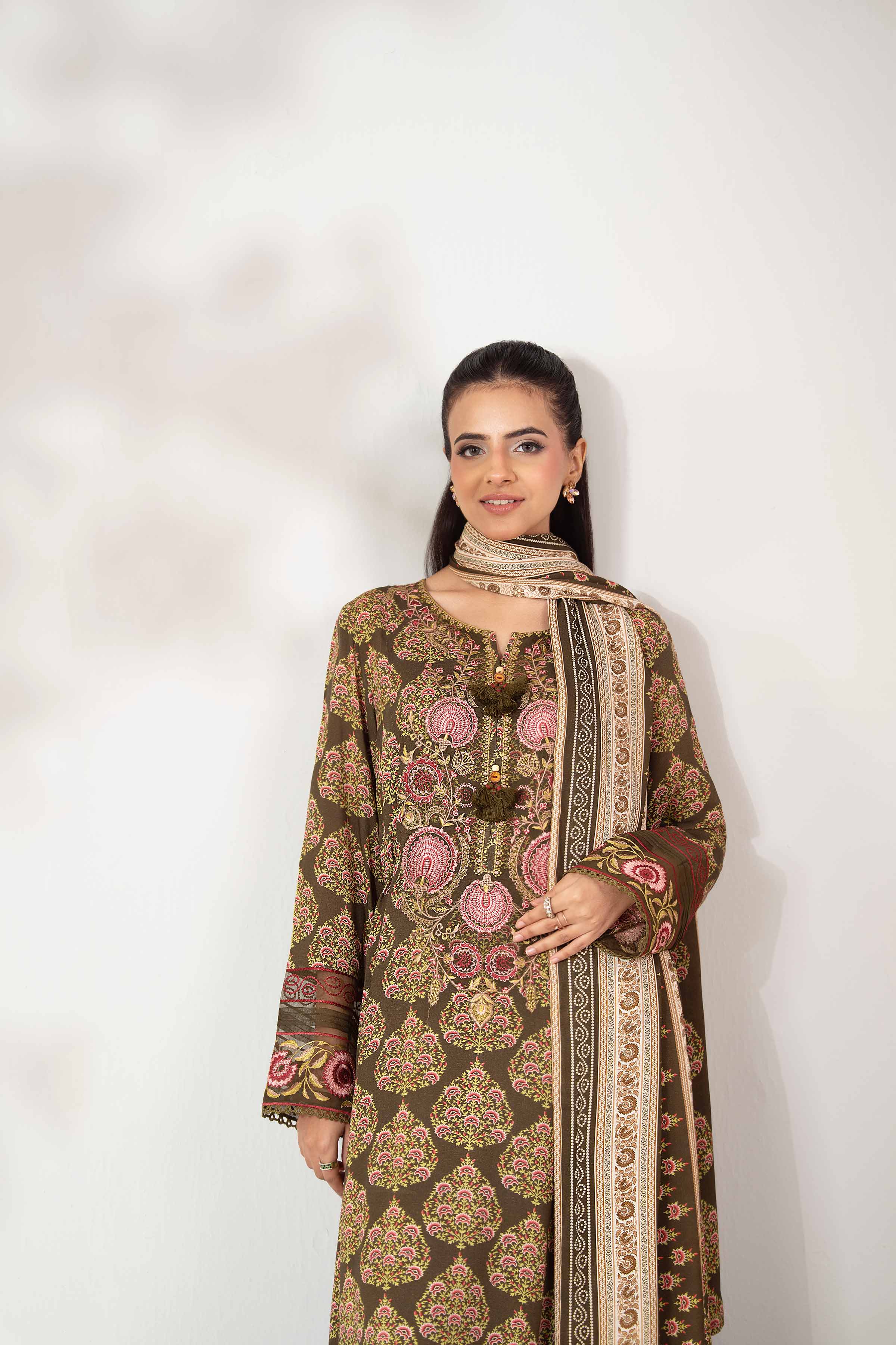 NISHATUAE - Brown Embroidered Linen 3-piece Unstitched Suit
