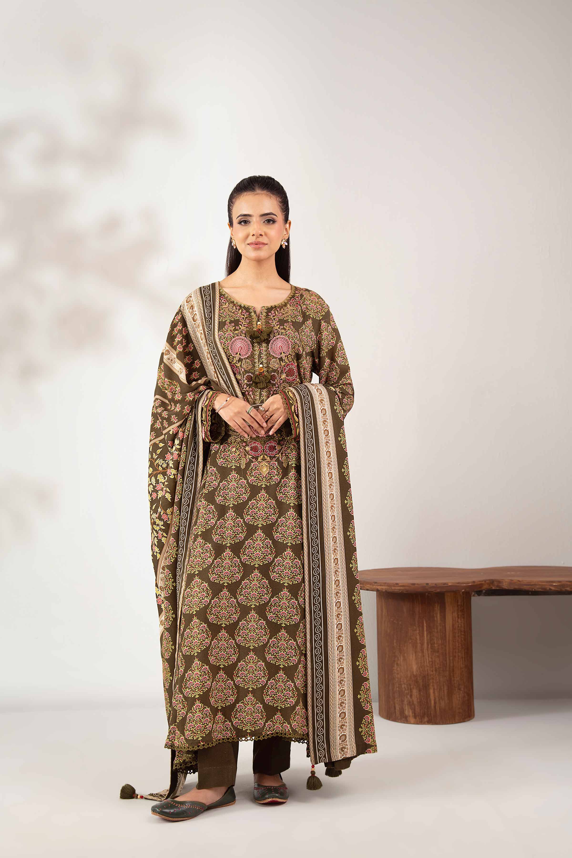 NISHATUAE - Brown Embroidered Linen 3-piece Unstitched Suit