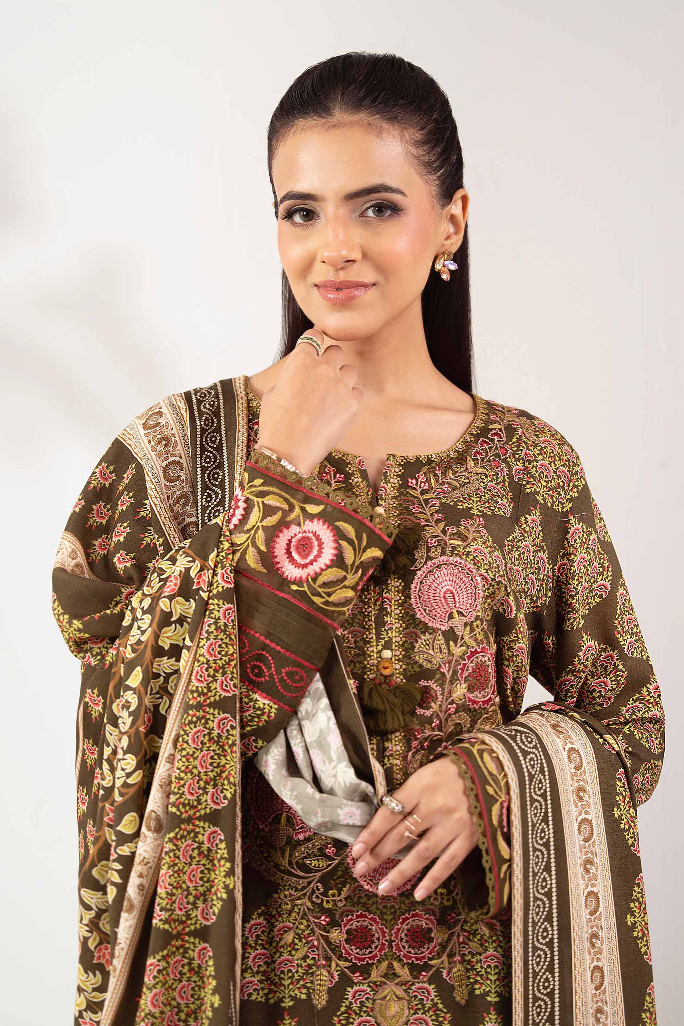 NISHATUAE - Brown Embroidered Linen 3-piece Unstitched Suit
