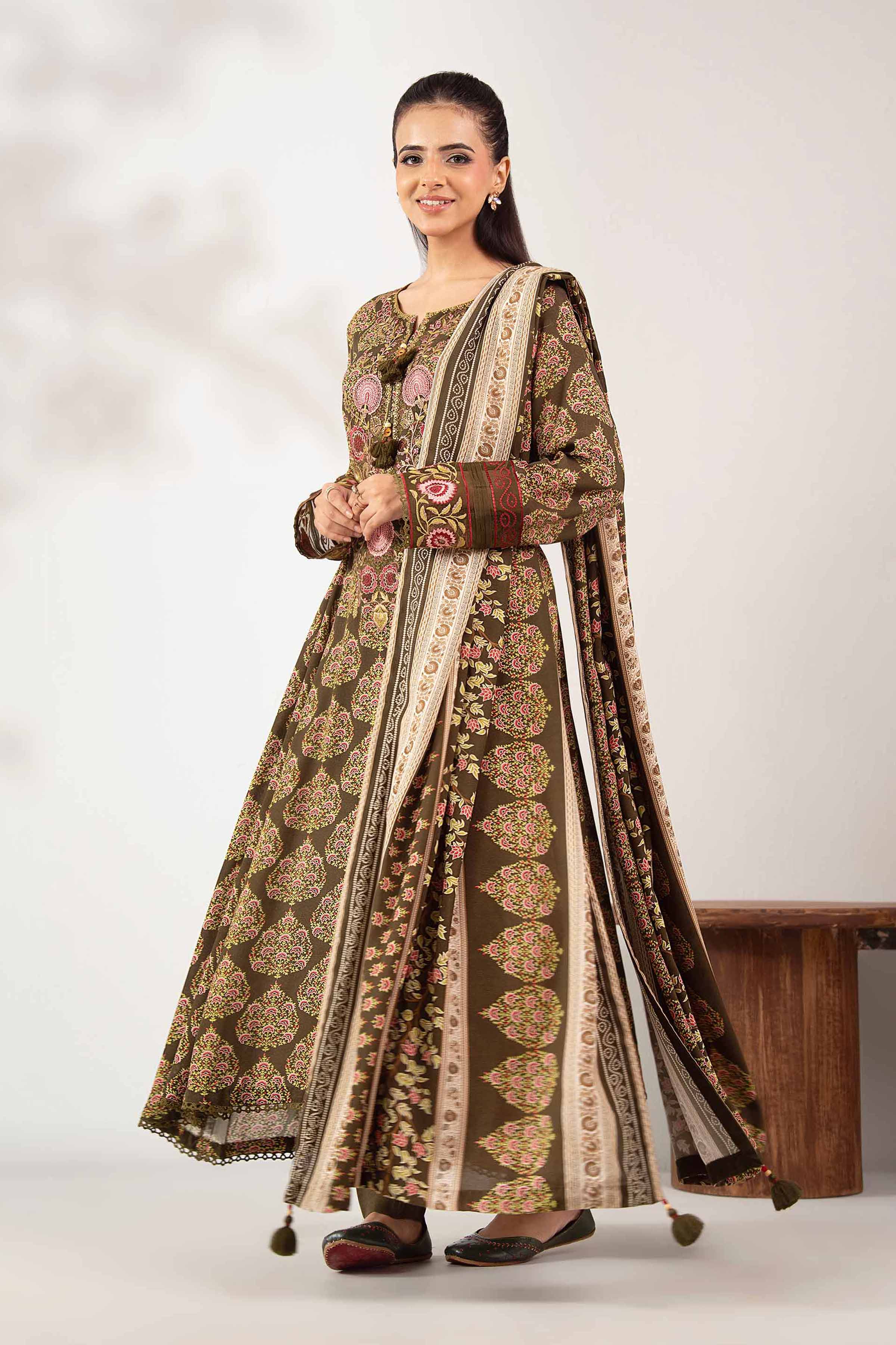 NISHATUAE - Brown Embroidered Linen 3-piece Unstitched Suit