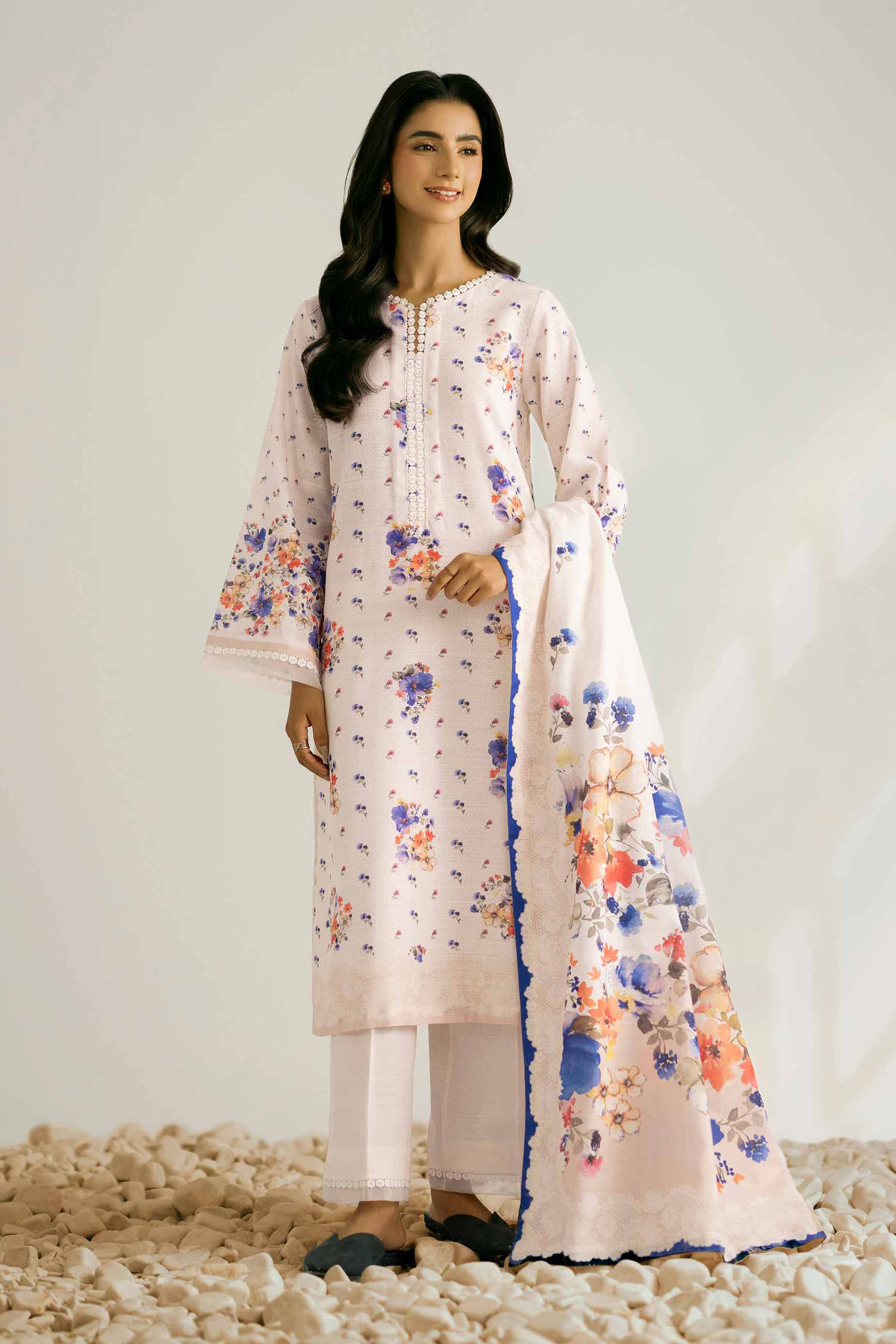 NISHATUAE - Cream Printed Khaddar 3-piece Unstitched Suit