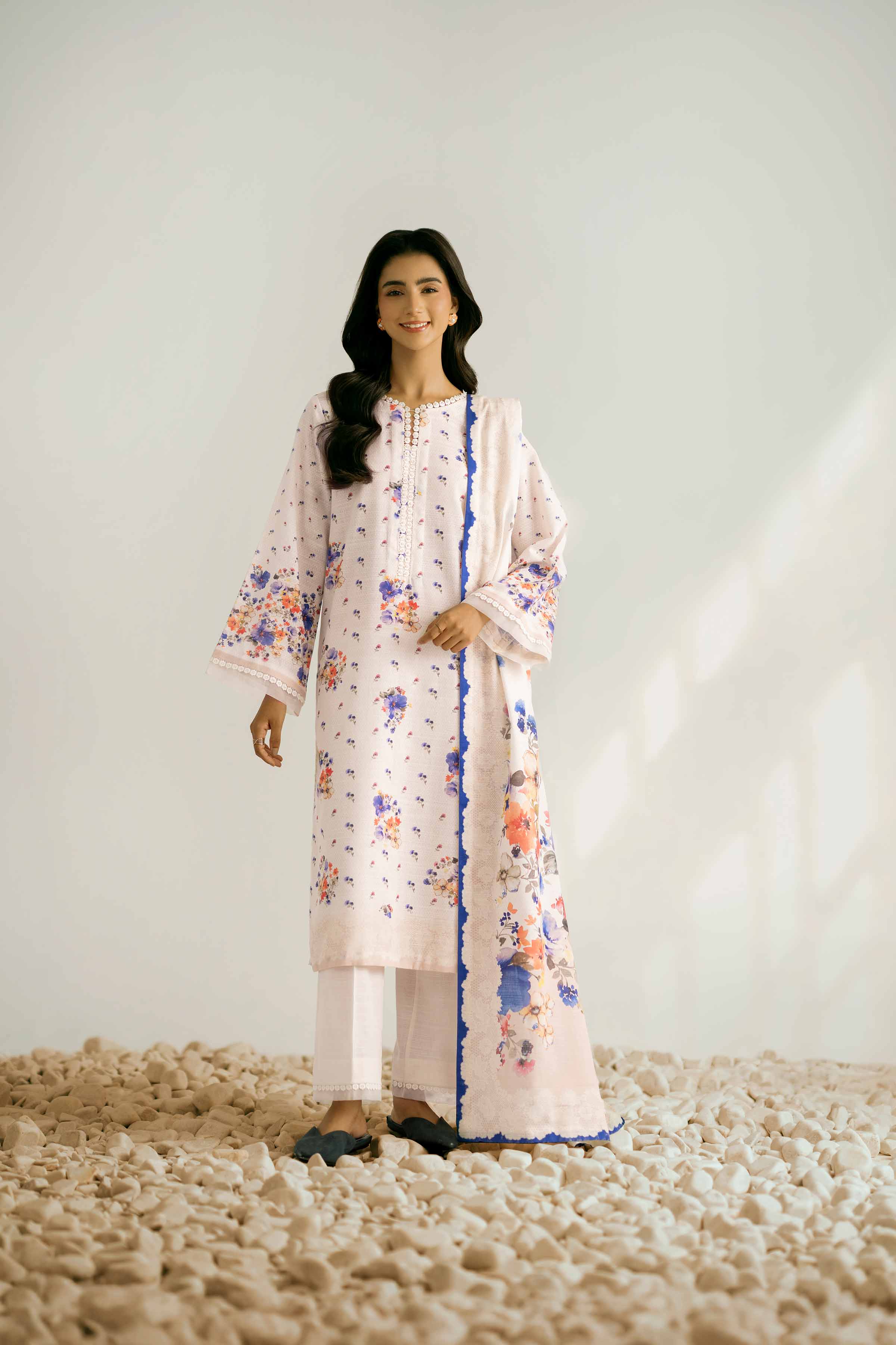 NISHATUAE - Cream Printed Khaddar 3-piece Unstitched Suit