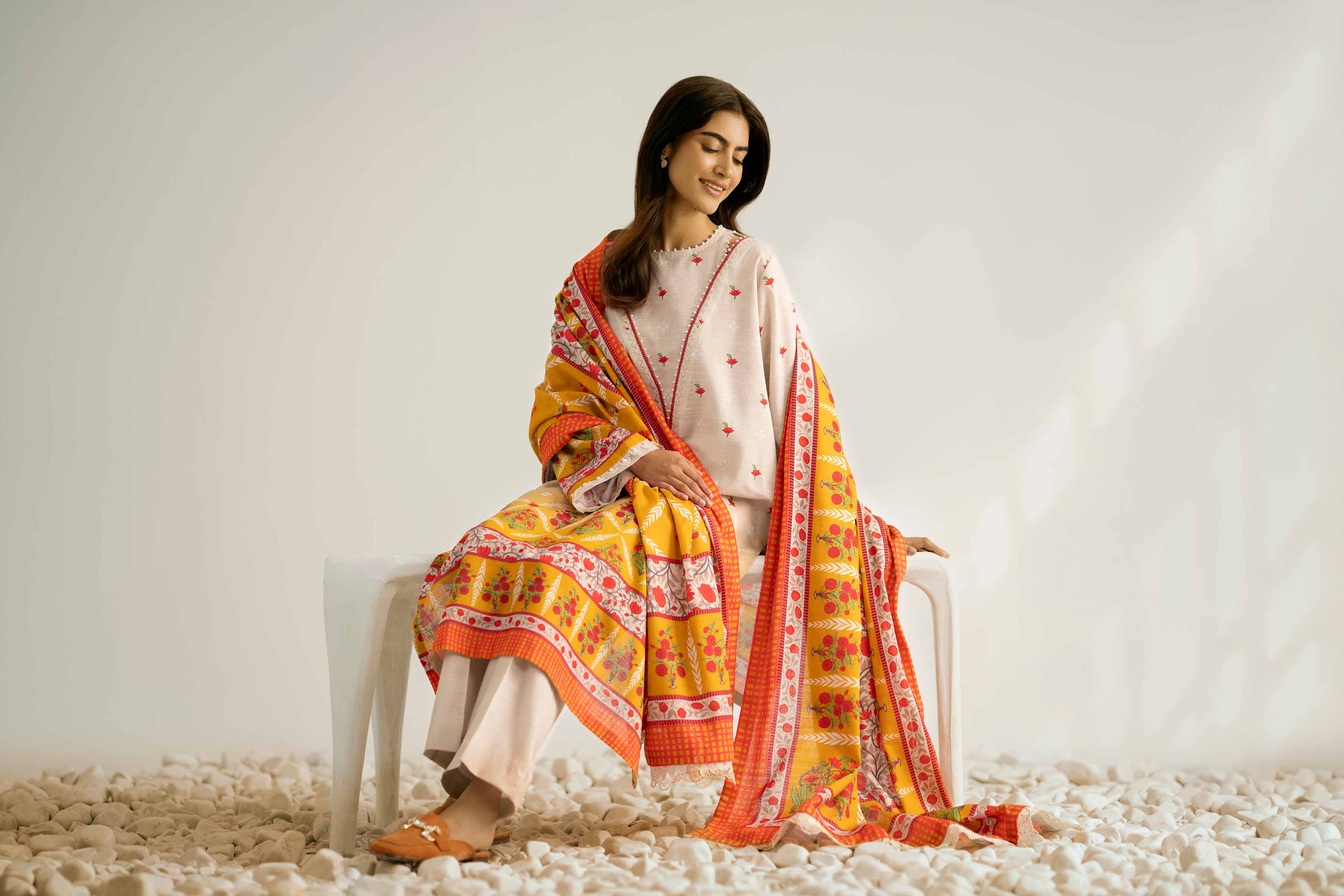NISHATUAE - Beige Printed Khaddar 3-piece Unstitched Suit