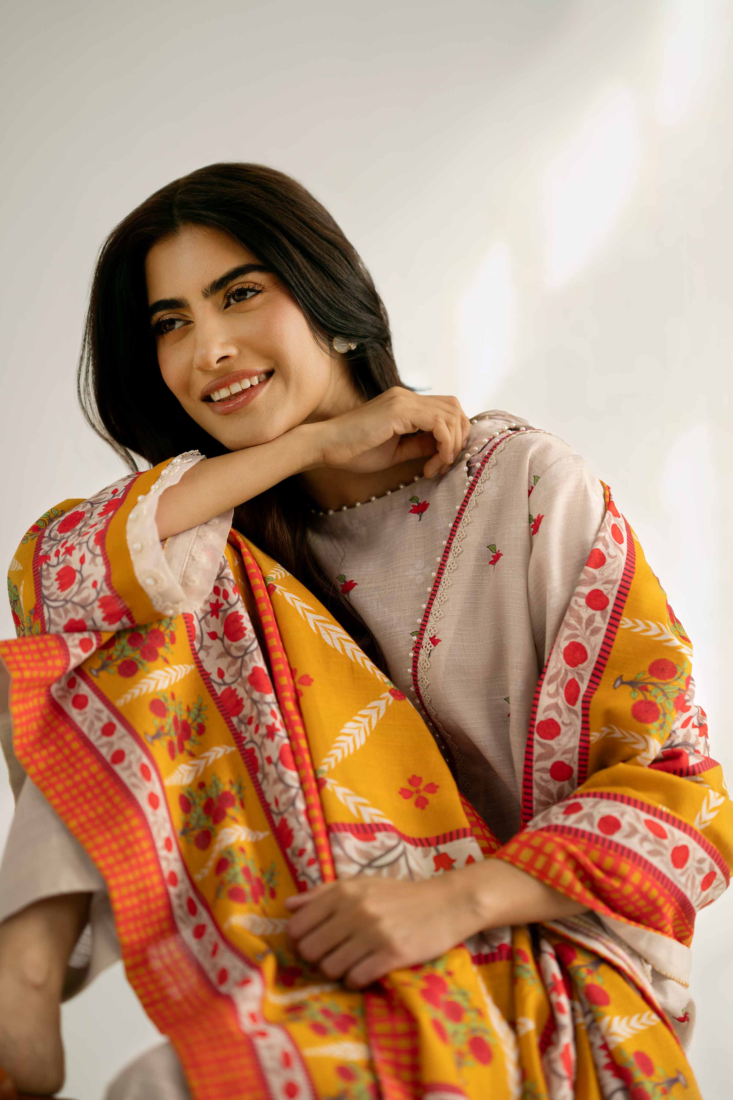 NISHATUAE - Beige Printed Khaddar 3-piece Unstitched Suit