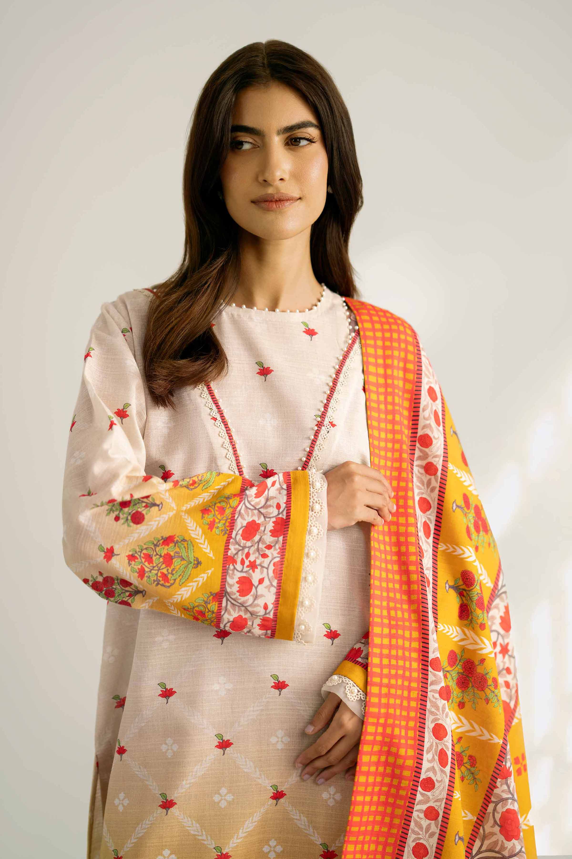 NISHATUAE - Beige Printed Khaddar 3-piece Unstitched Suit