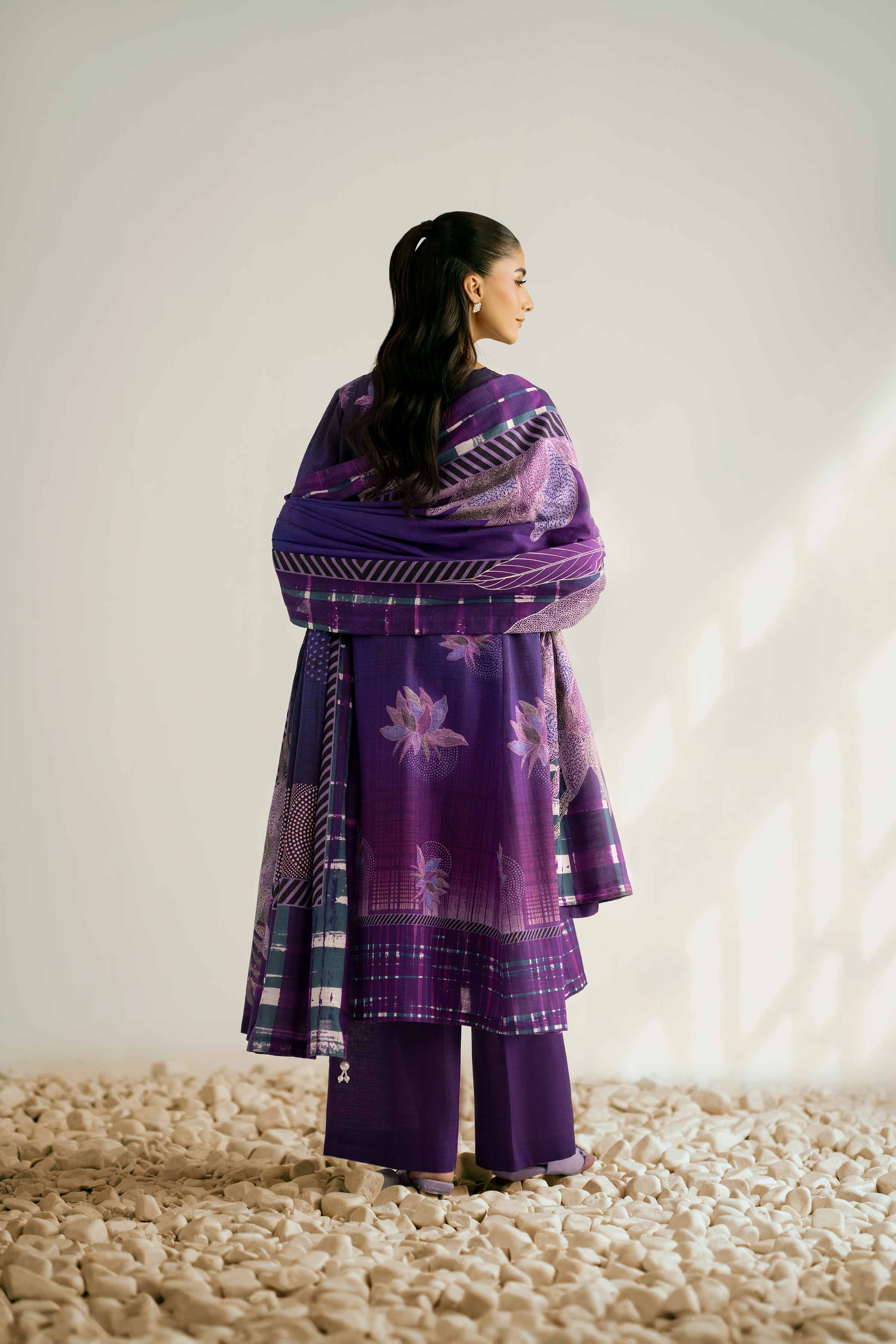 NISHATUAE - Purple Printed Khaddar 3-piece Unstitched Suit