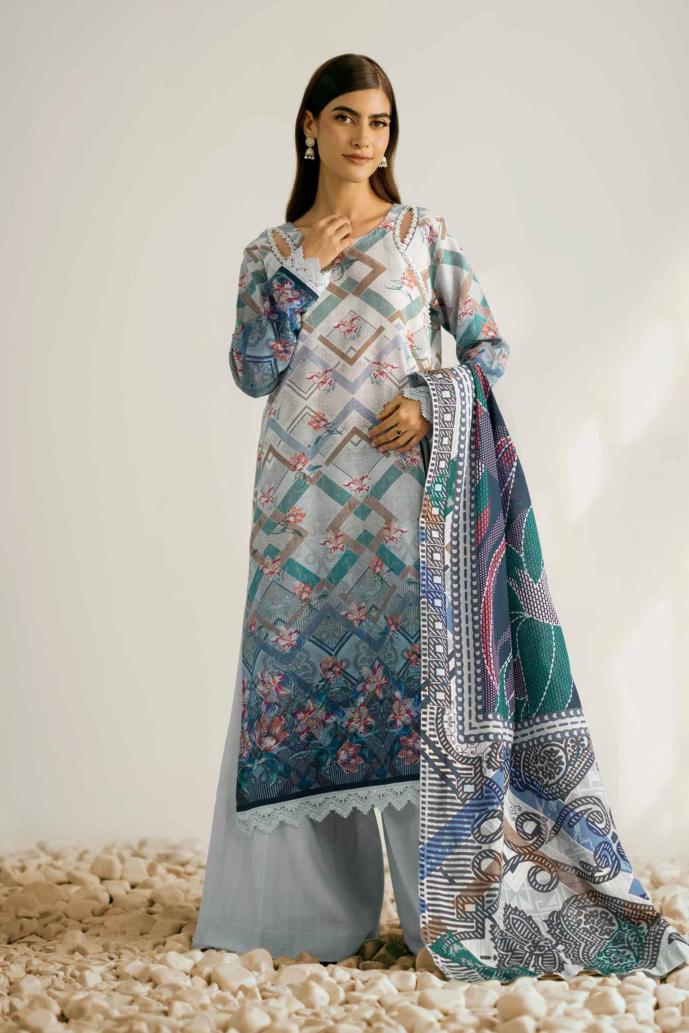 NISHATUAE - Blue Printed Khaddar 3-piece Unstitched Suit