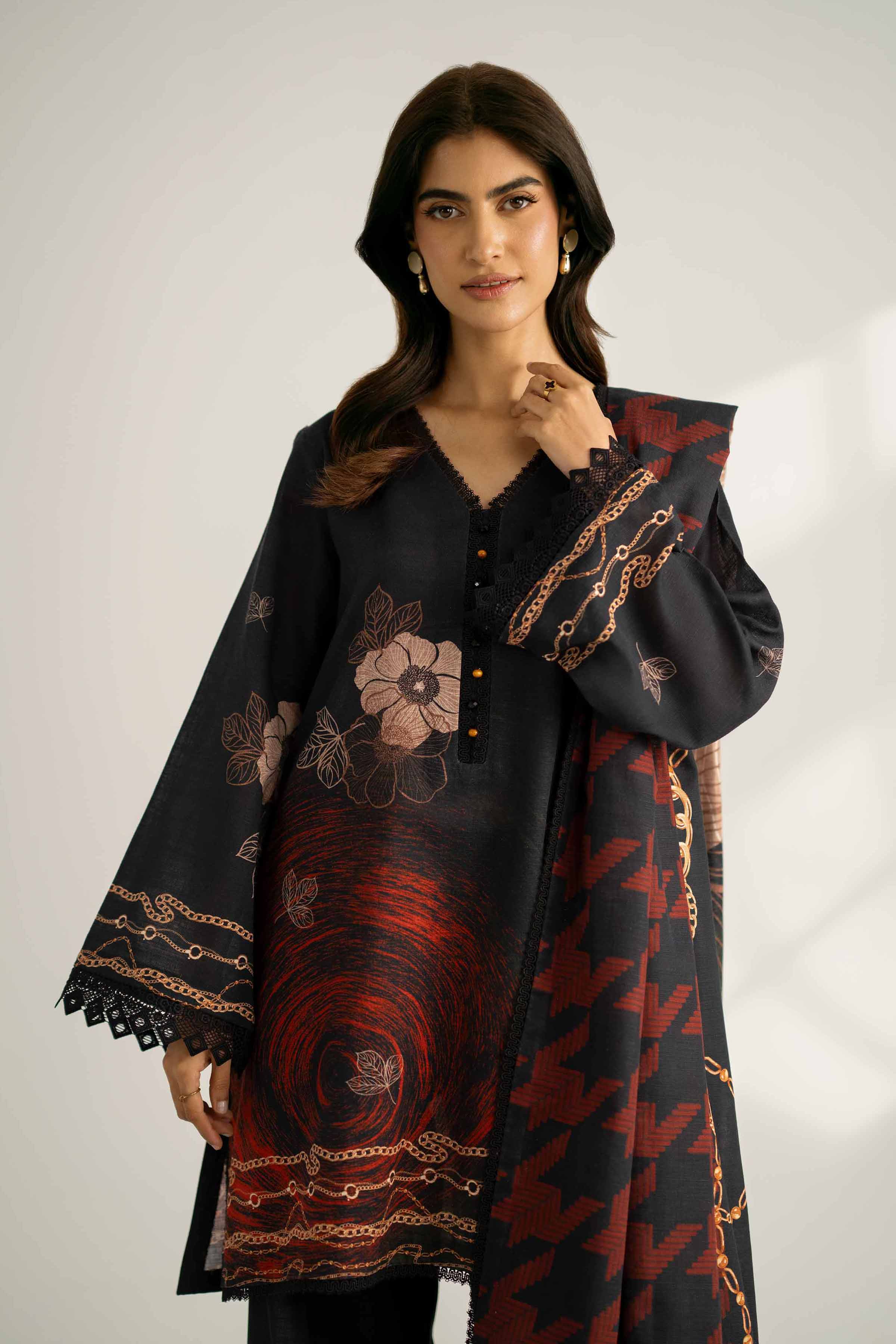 NISHATUAE - Black Printed Khaddar 3-piece Unstitched Suit