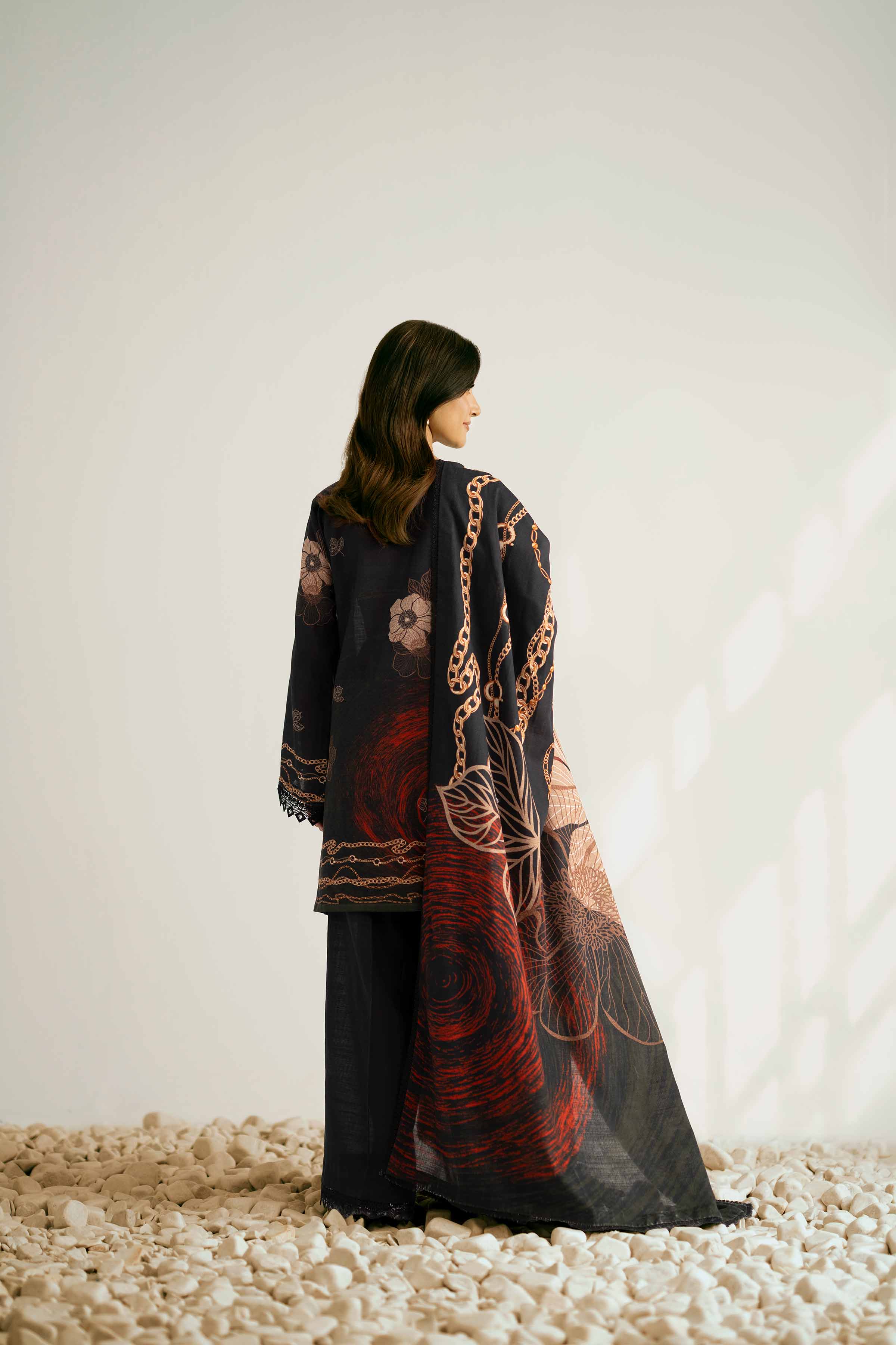 NISHATUAE - Black Printed Khaddar 3-piece Unstitched Suit