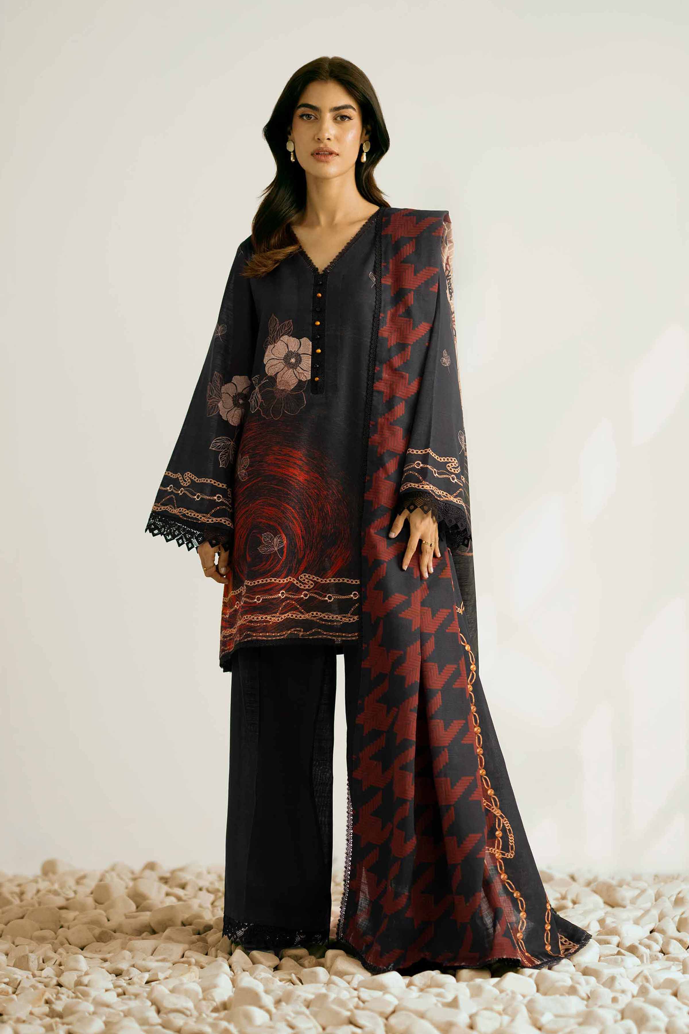 NISHATUAE - Black Printed Khaddar 3-piece Unstitched Suit