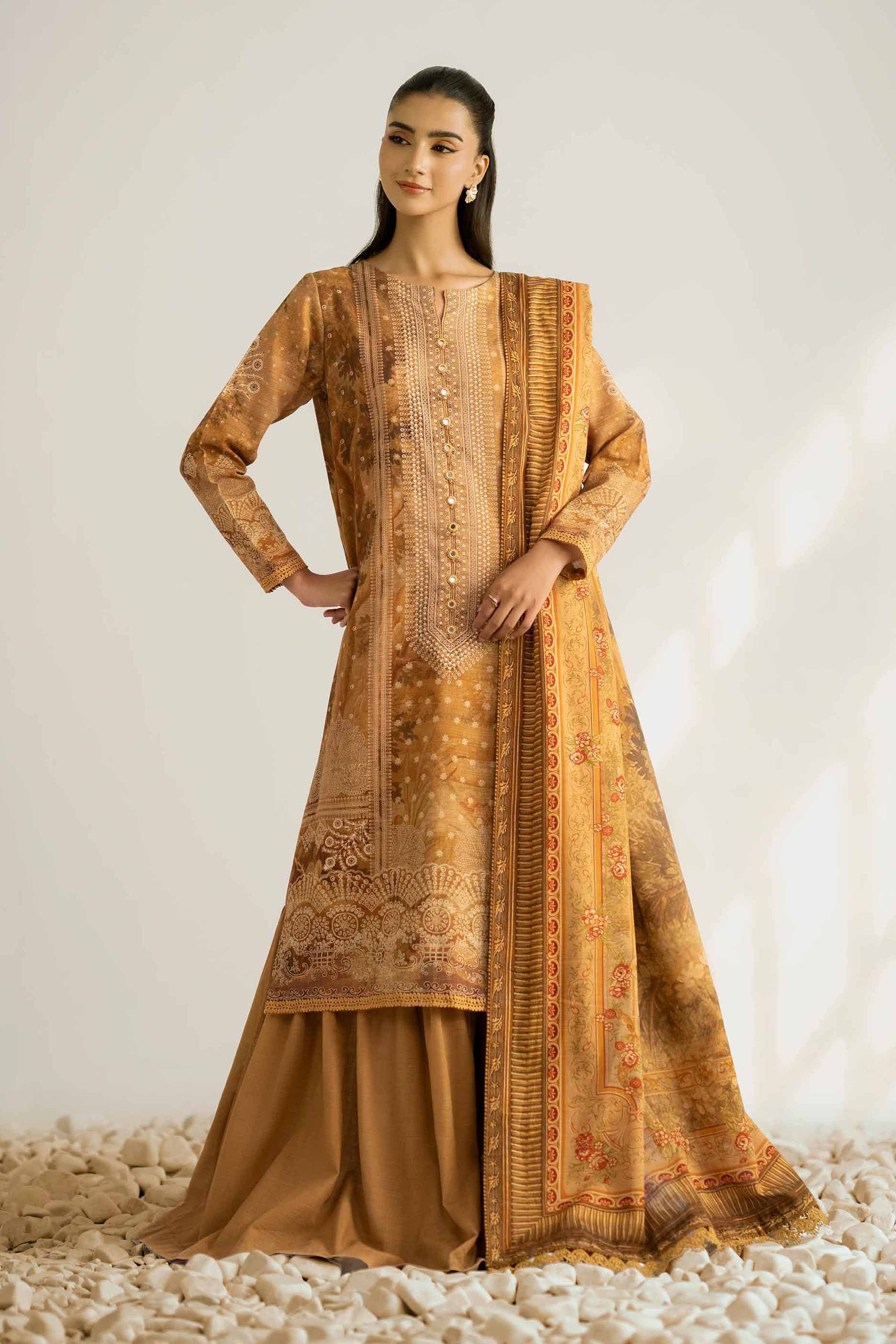 NISHATUAE - Brown Printed Khaddar 3-piece Unstitched Suit