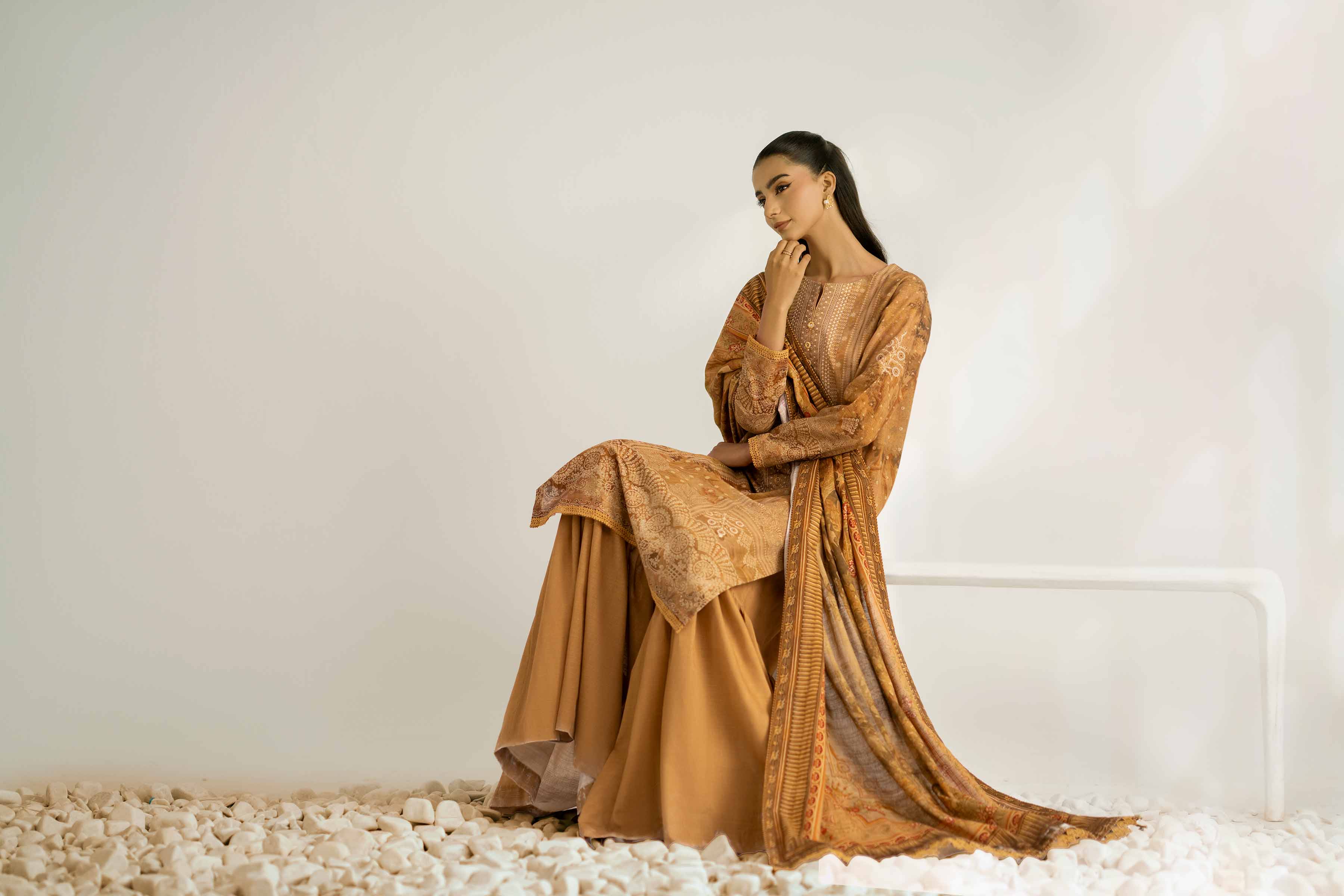 NISHATUAE - Brown Printed Khaddar 3-piece Unstitched Suit
