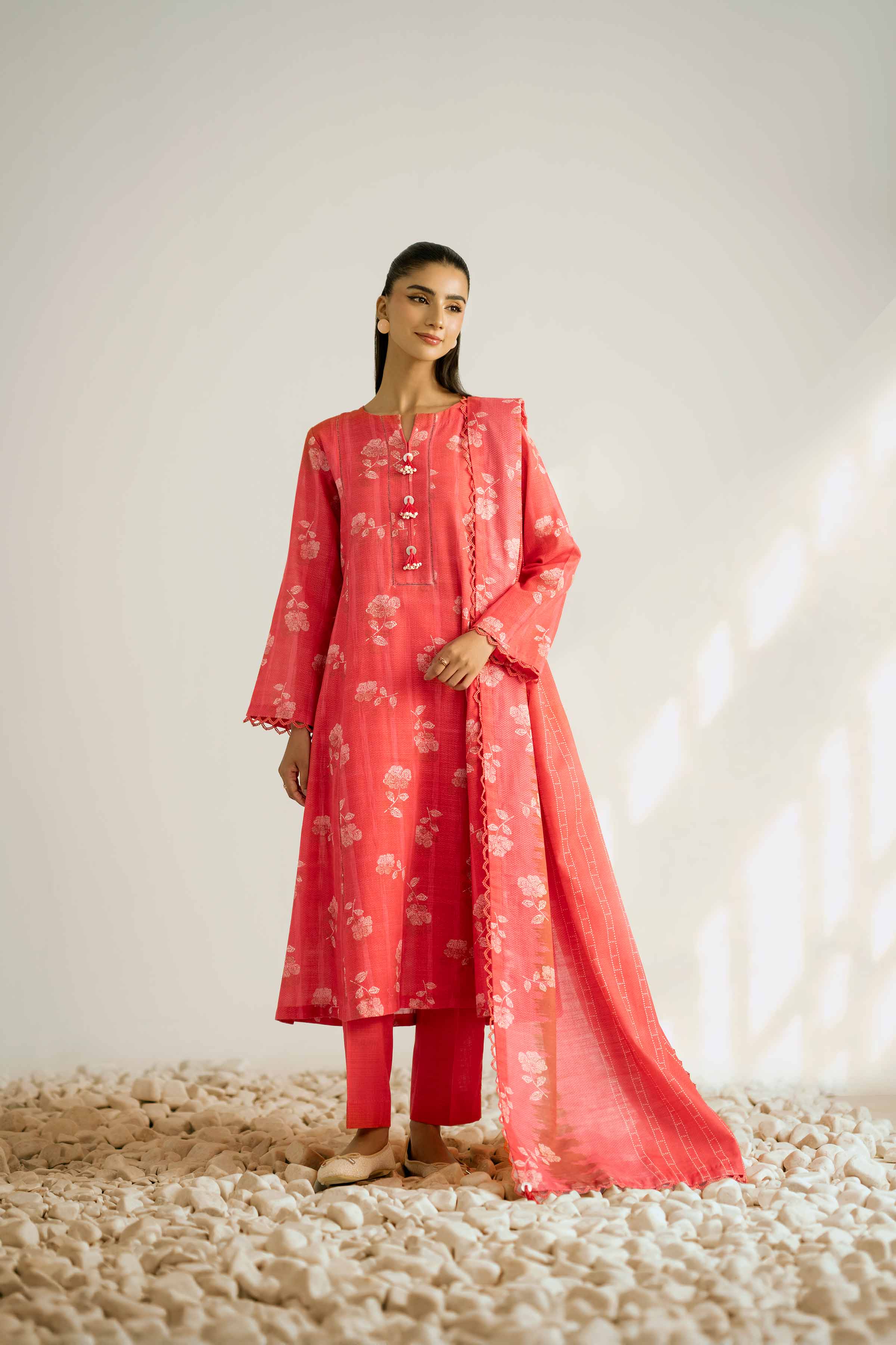 NISHATUAE - Coral Printed Khaddar 3-piece Unstitched Suit