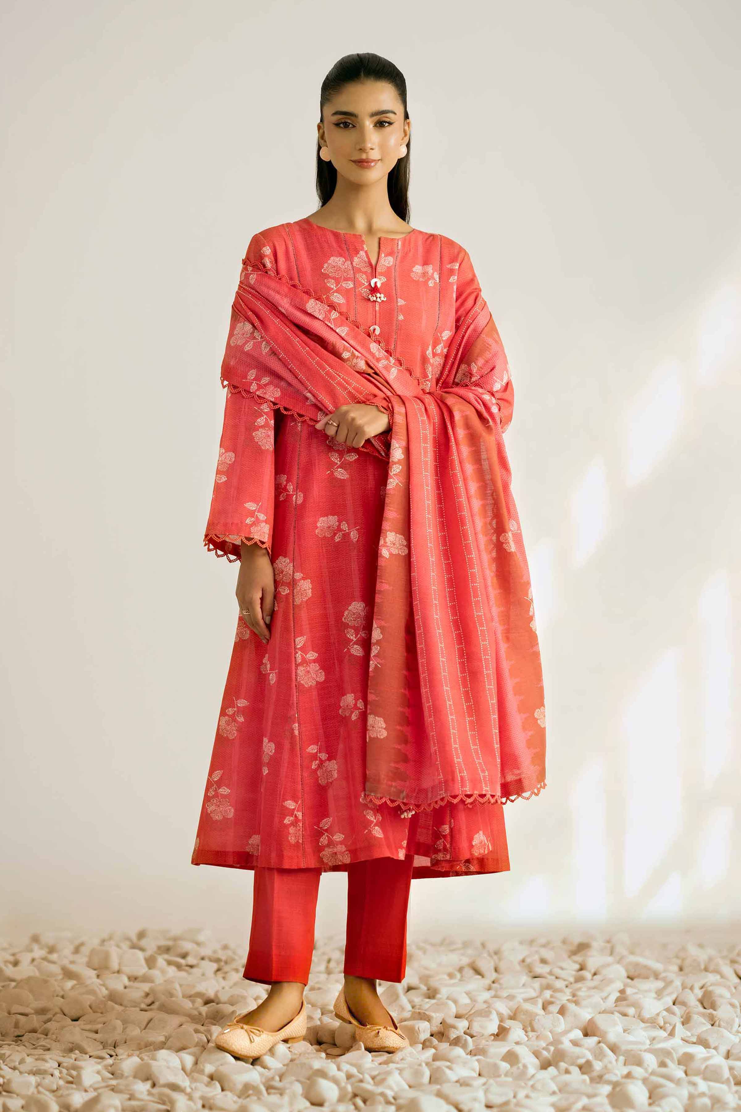 NISHATUAE - Coral Printed Khaddar 3-piece Unstitched Suit