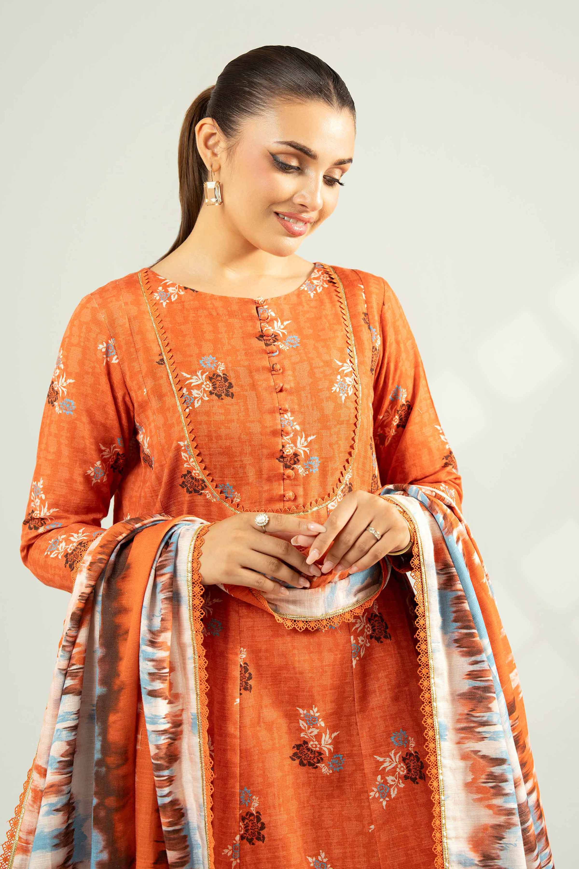 NISHATUAE - Orange Printed Khaddar 3-piece Unstitched Suit