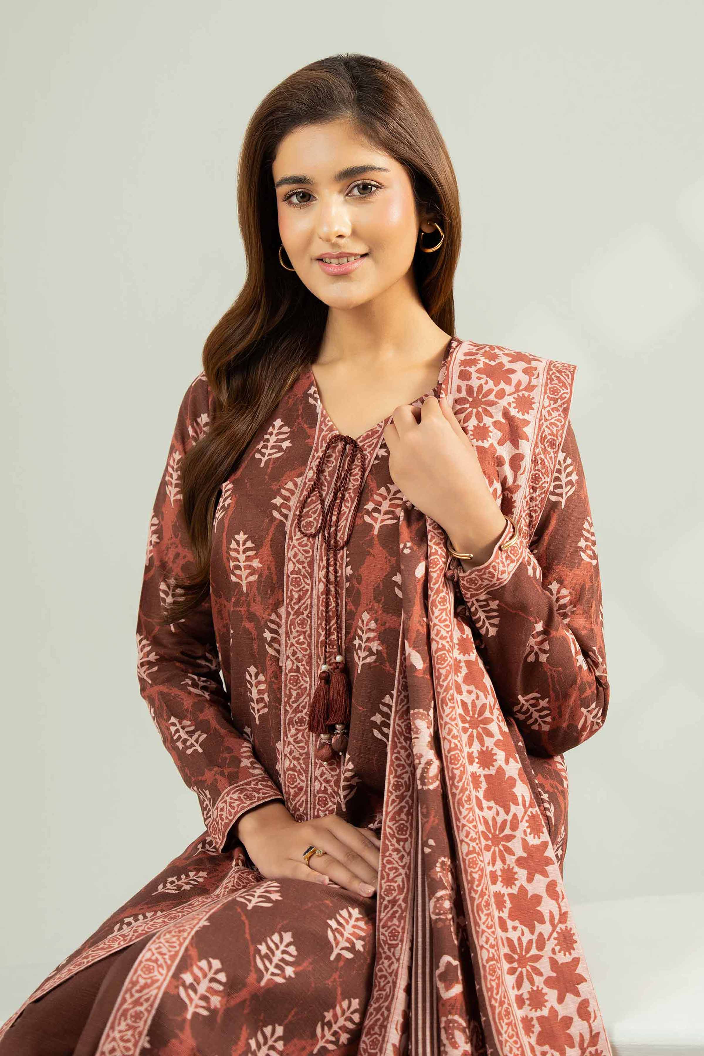 NISHATUAE - Brown Printed Khaddar 3-piece Unstitched Suit
