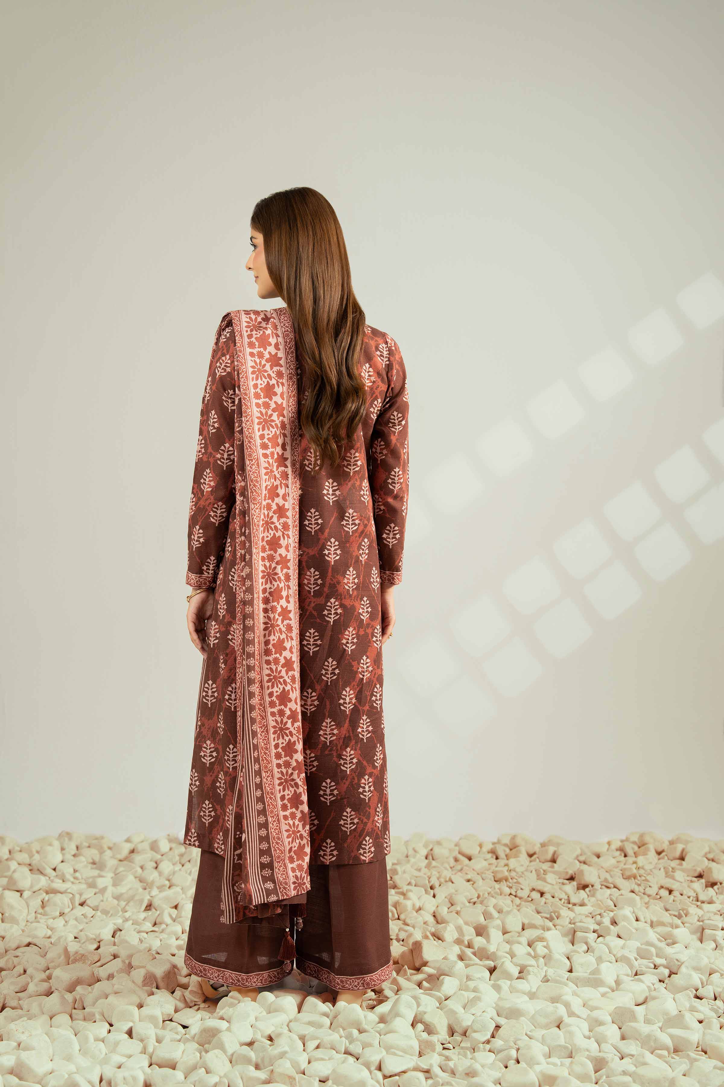 NISHATUAE - Brown Printed Khaddar 3-piece Unstitched Suit