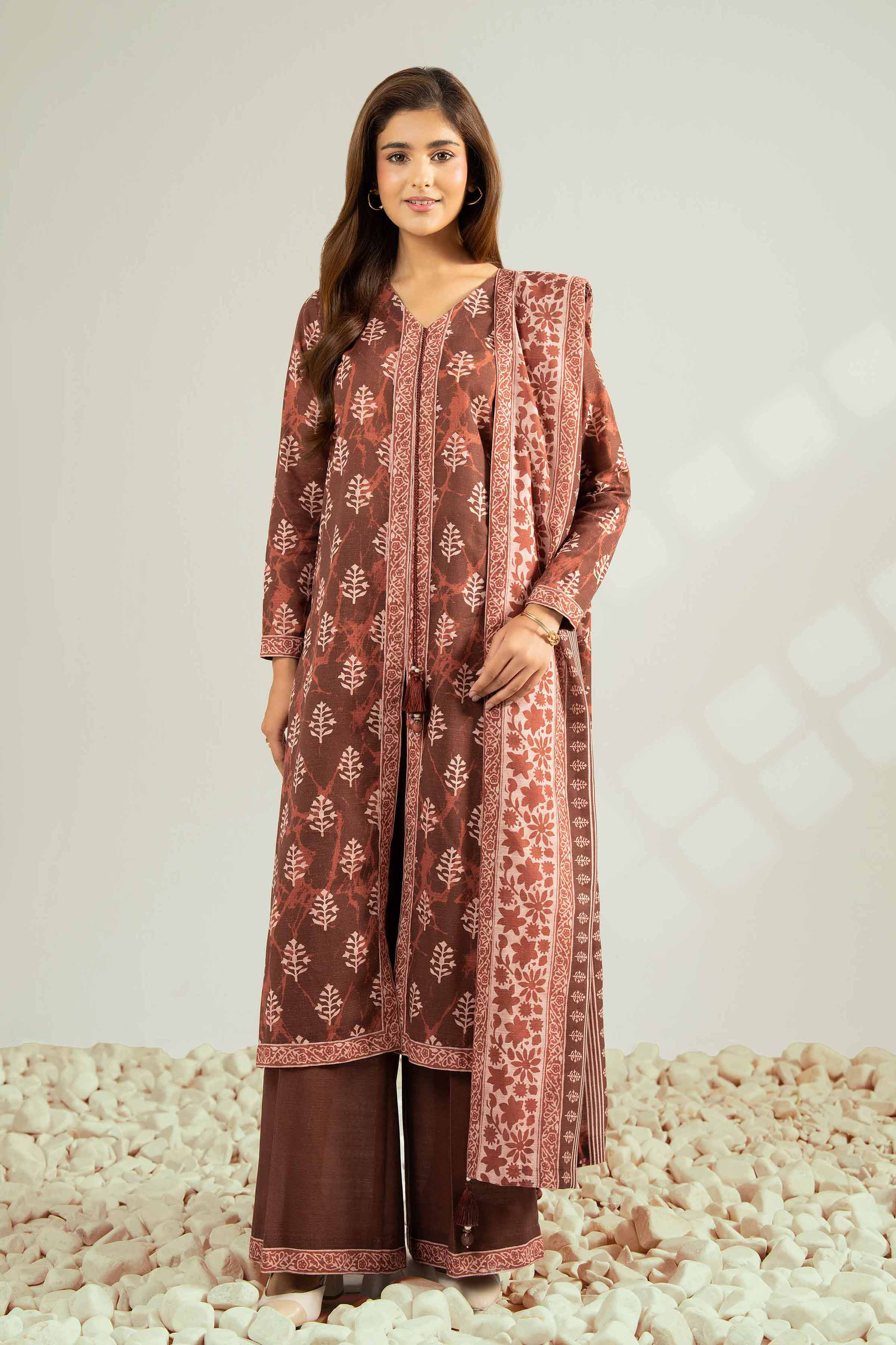 NISHATUAE - Brown Printed Khaddar 3-piece Unstitched Suit