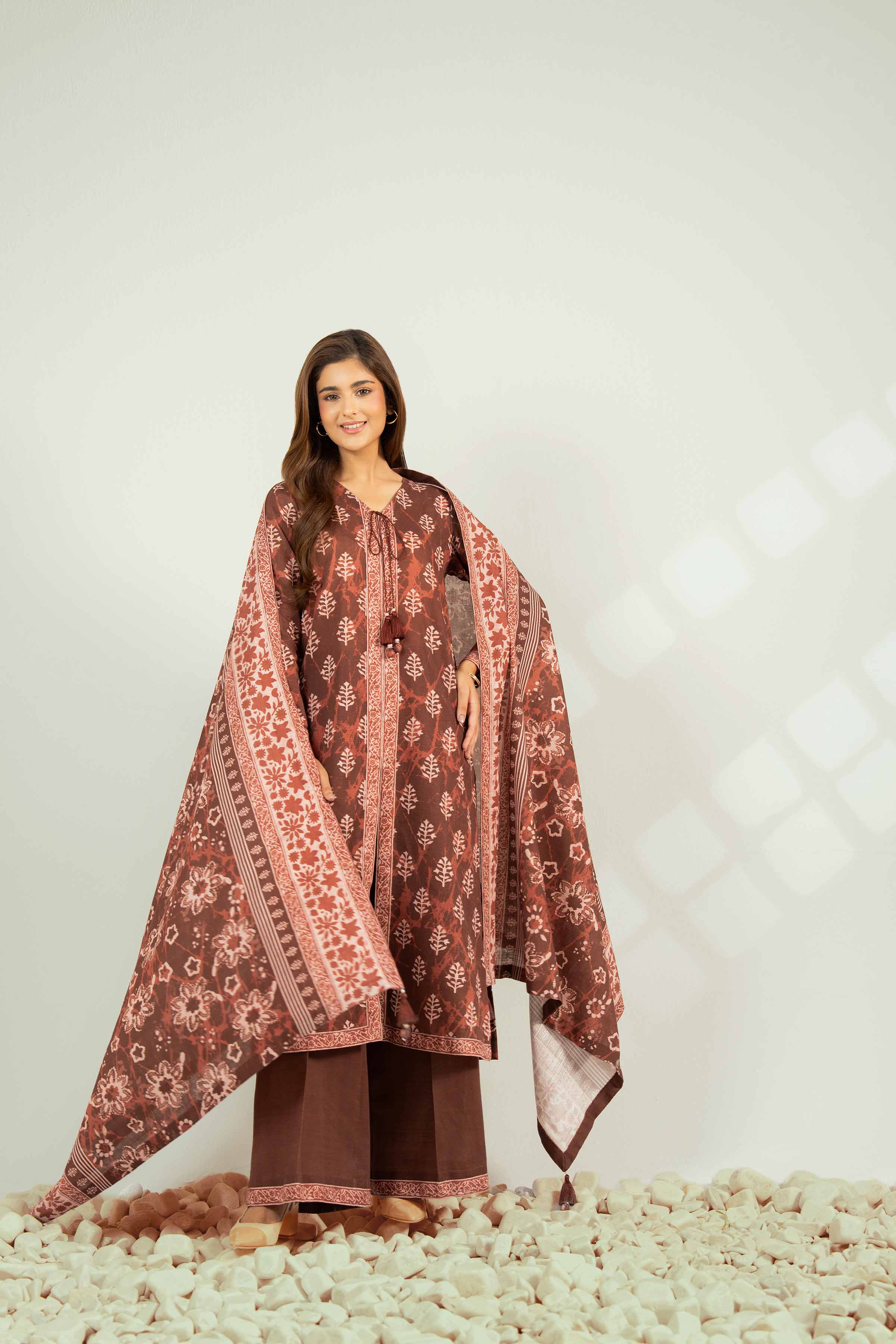 NISHATUAE - Brown Printed Khaddar 3-piece Unstitched Suit