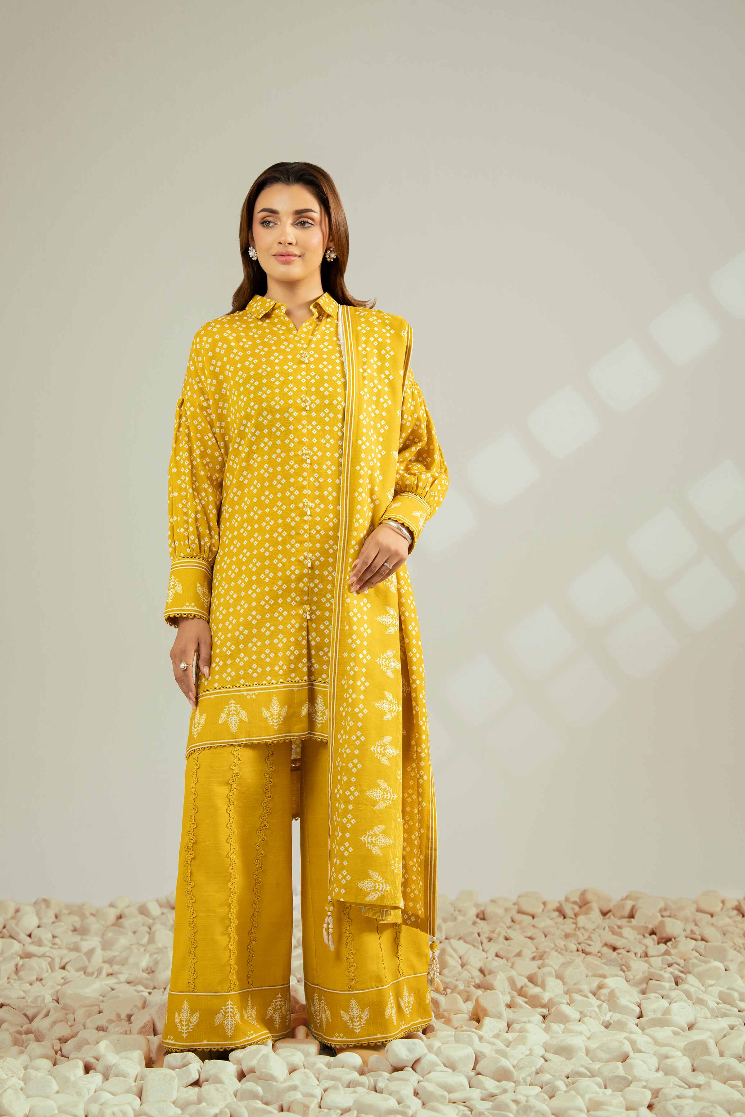 NISHATUAE - Yellow Printed Khaddar 3-piece Unstitched Suit