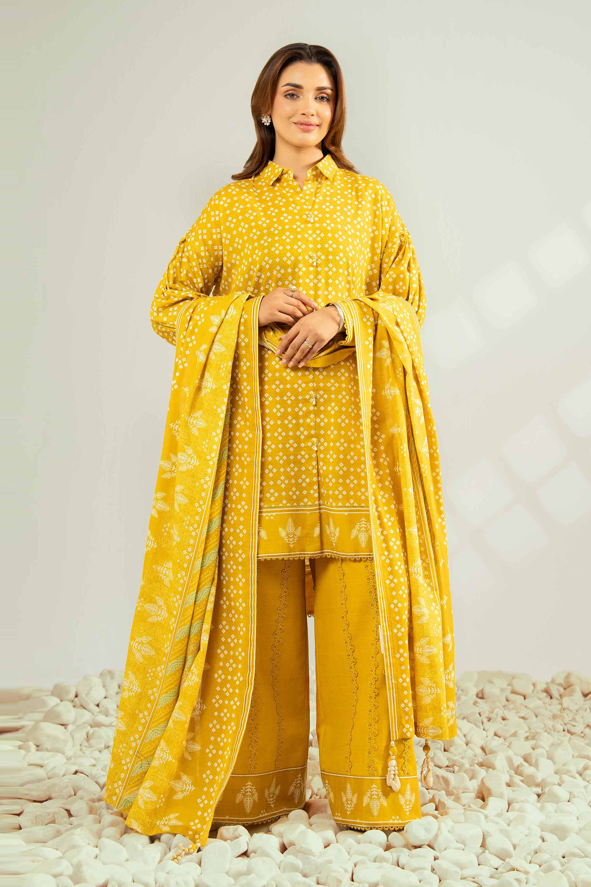 NISHATUAE - Yellow Printed Khaddar 3-piece Unstitched Suit