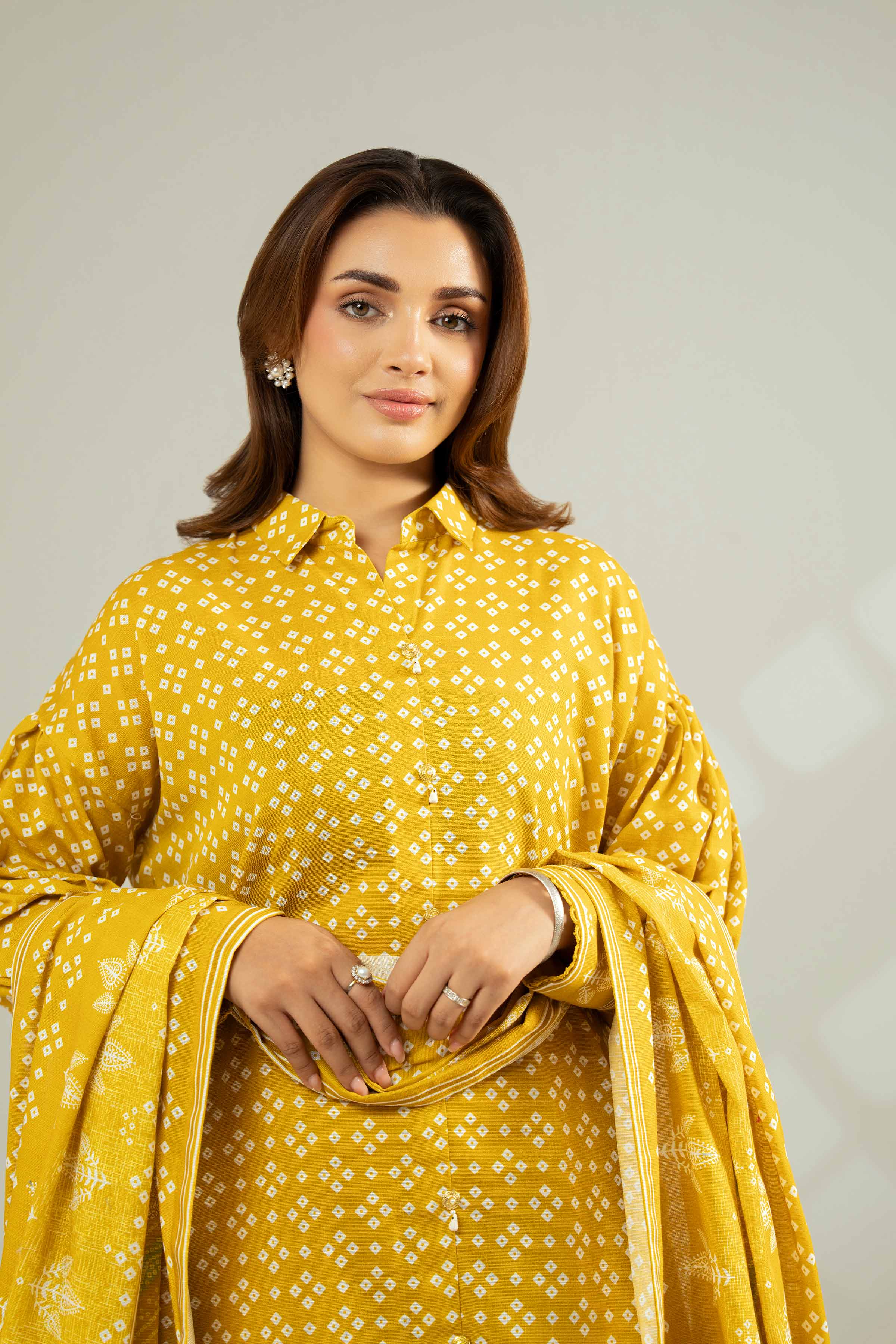 NISHATUAE - Yellow Printed Khaddar 3-piece Unstitched Suit