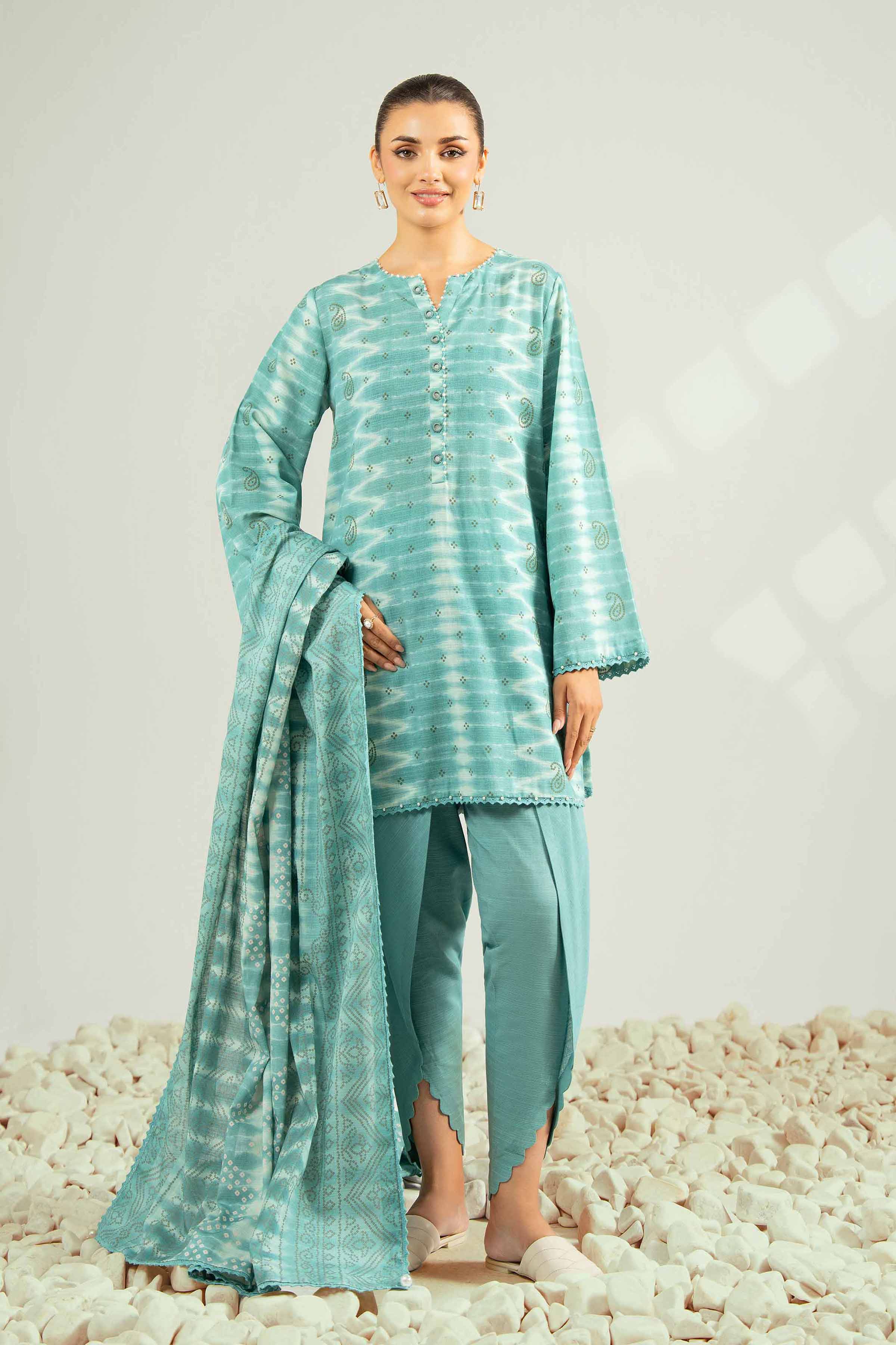 NISHATUAE - Aqua Printed Khaddar 3-piece Unstitched Suit