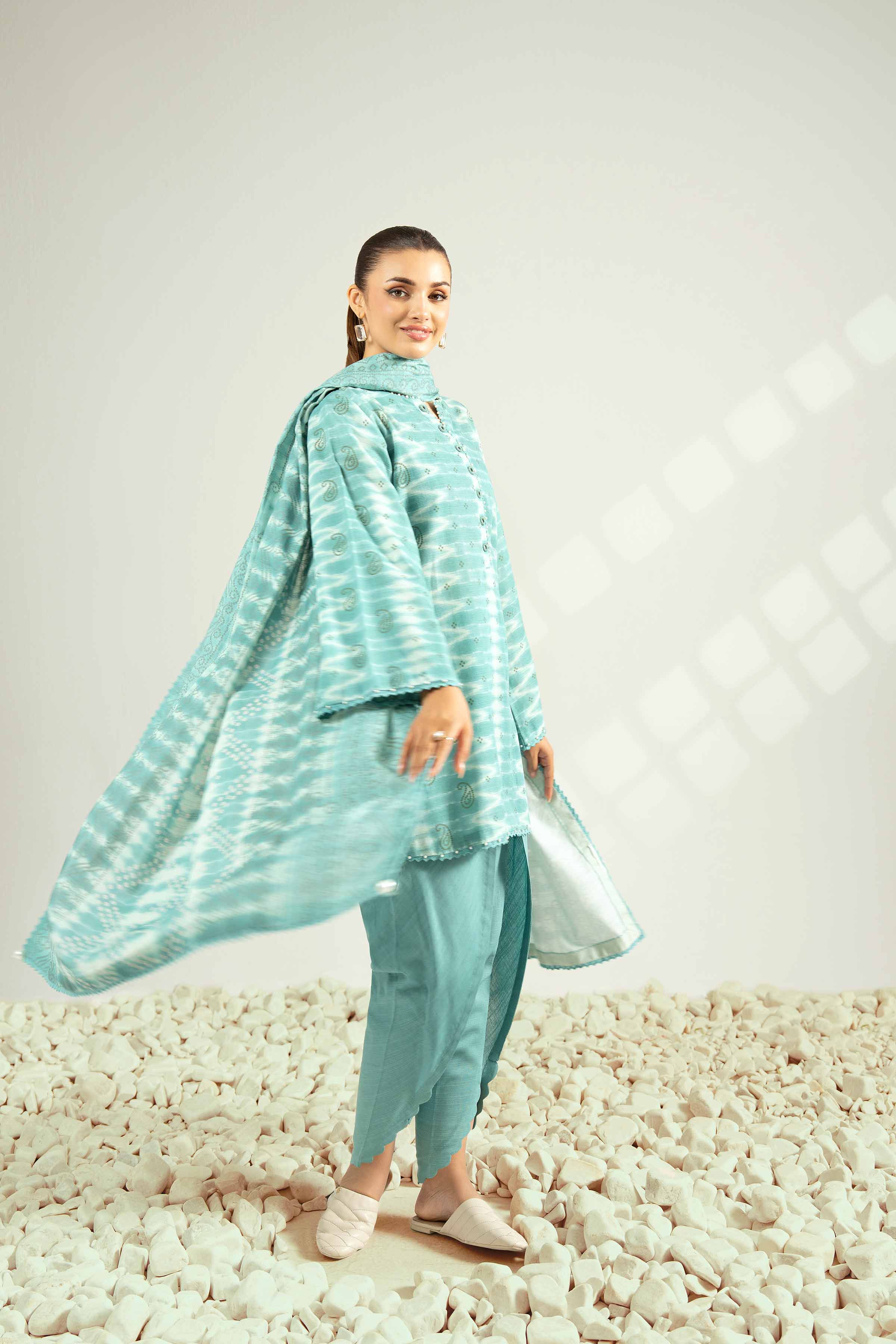 NISHATUAE - Aqua Printed Khaddar 3-piece Unstitched Suit