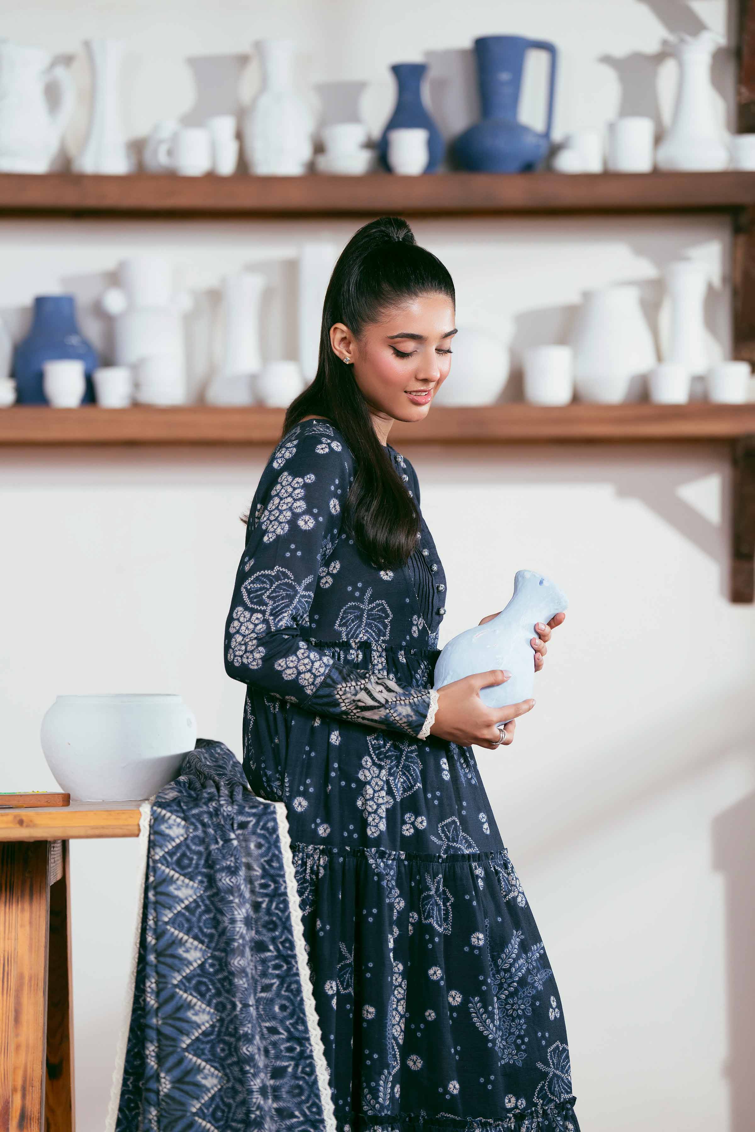 NISHATUAE - Blue Printed Khaddar 3-piece Unstitched Suit