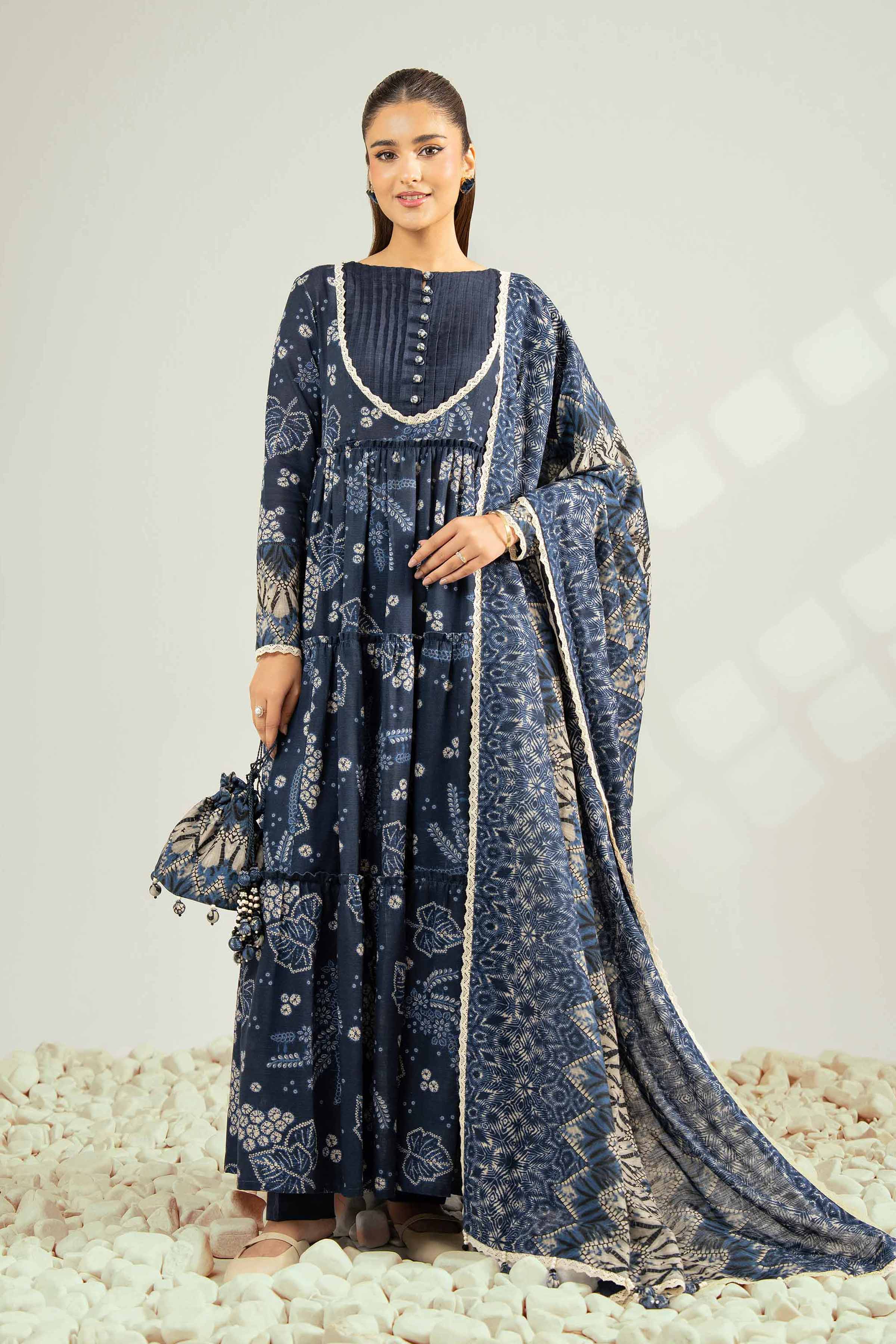 NISHATUAE - Blue Printed Khaddar 3-piece Unstitched Suit