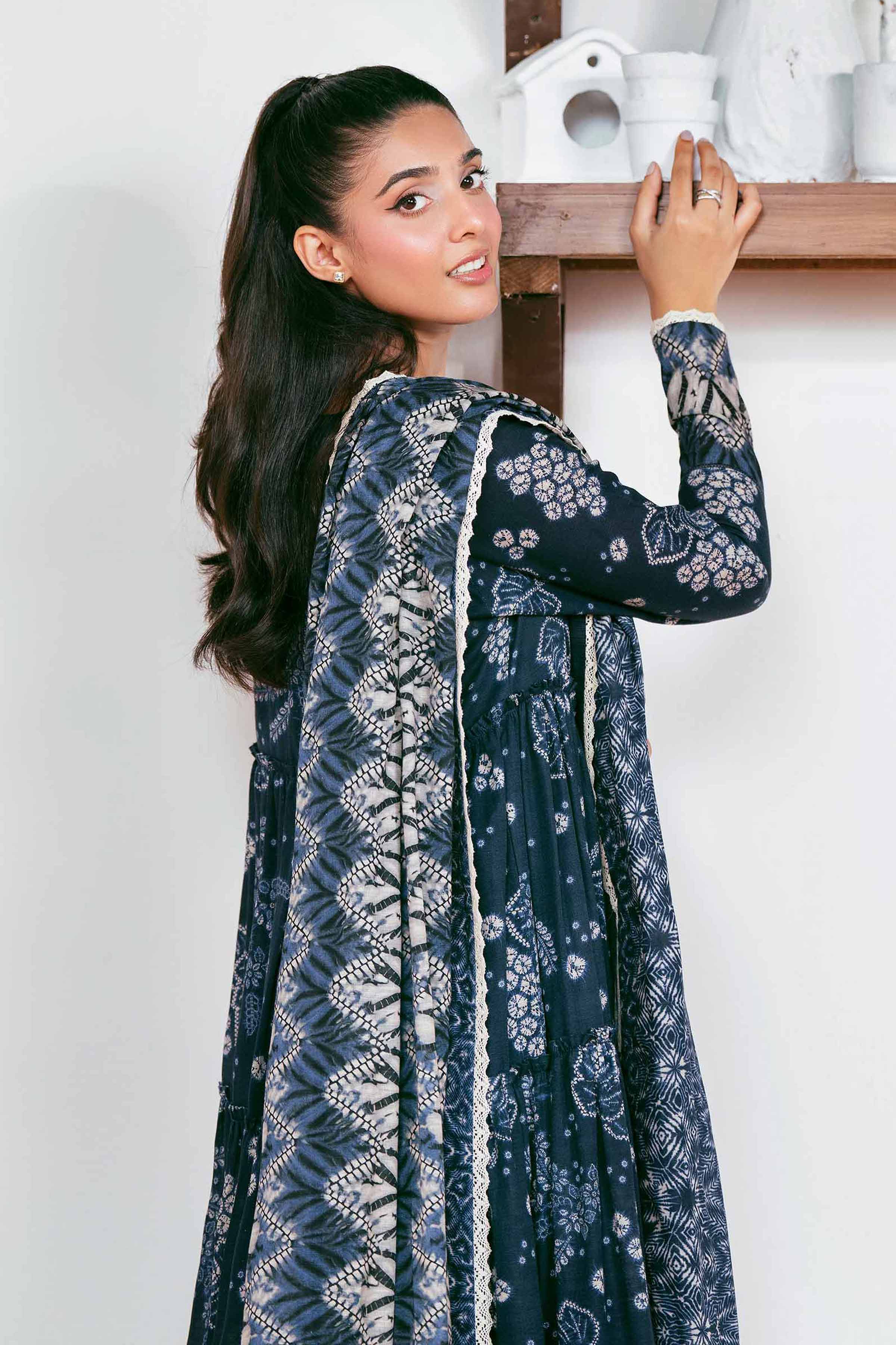 NISHATUAE - Blue Printed Khaddar 3-piece Unstitched Suit