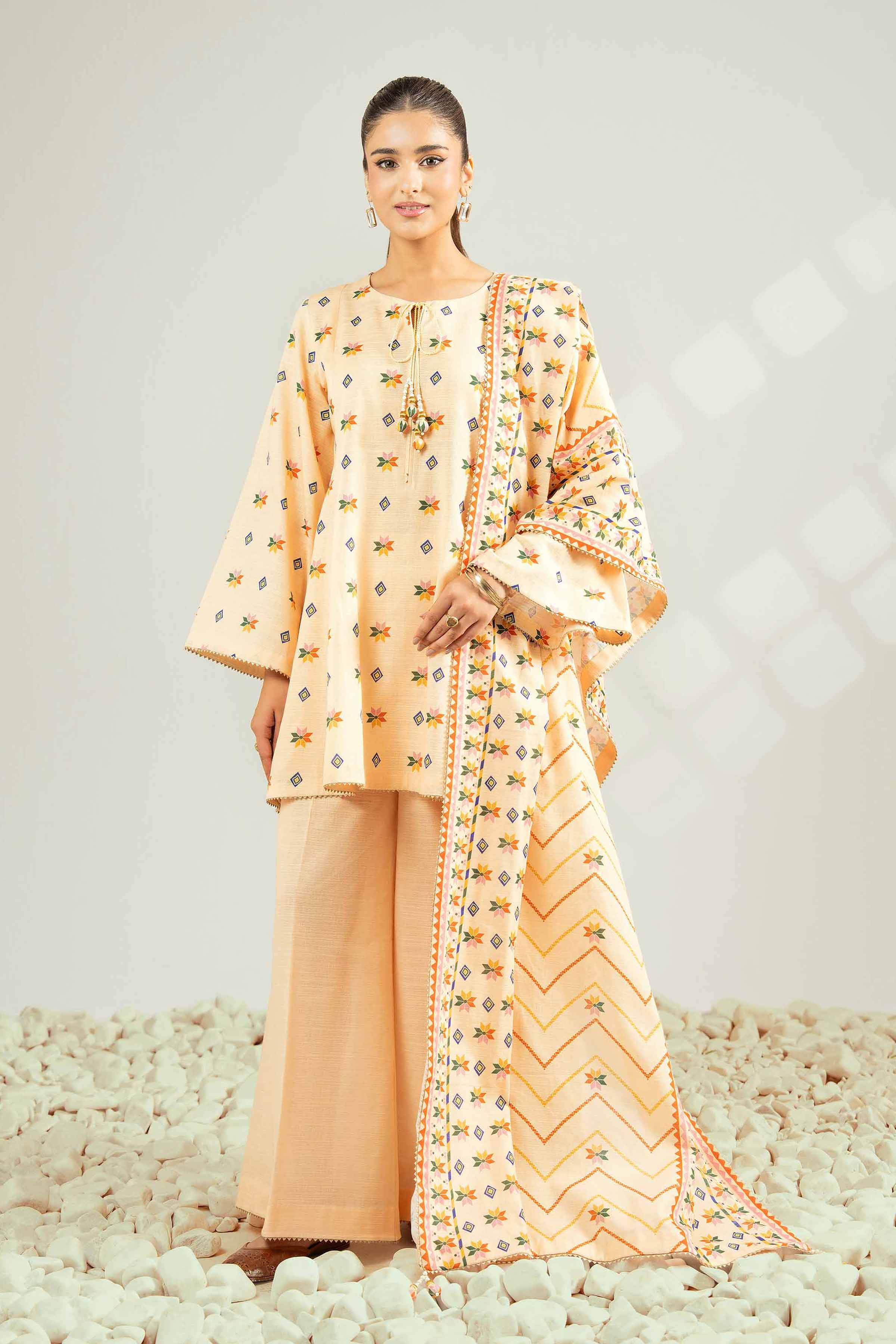 NISHATUAE - Orange Printed Khaddar 3-piece Unstitched Suit