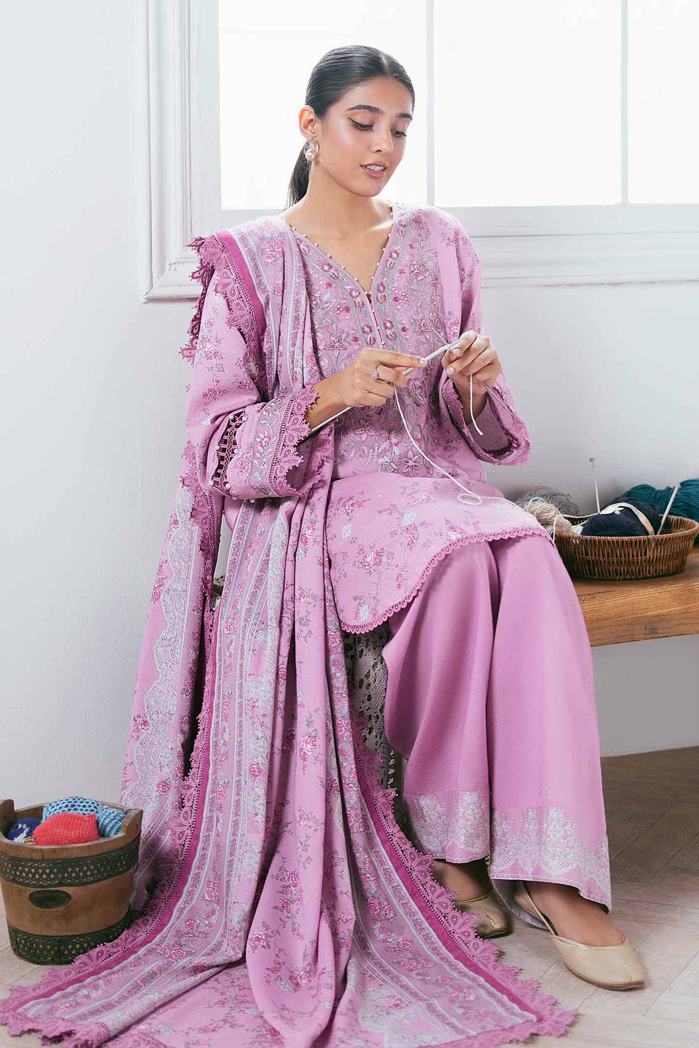 NISHATUAE - Lilac Embroidered Karandi 3-piece Unstitched Suit