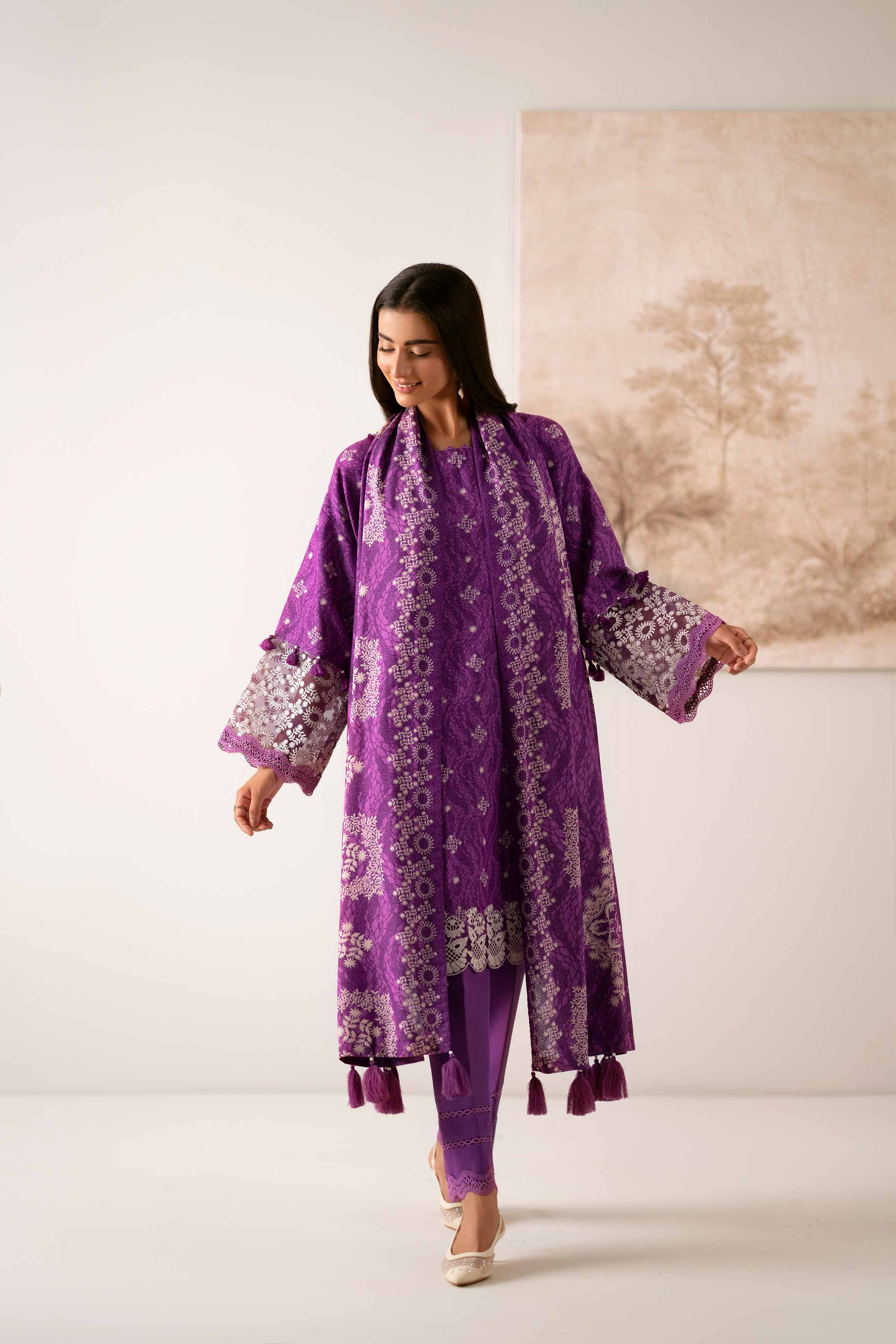 NISHATUAE - Purple Embroidered Karandi 3-piece Unstitched Suit